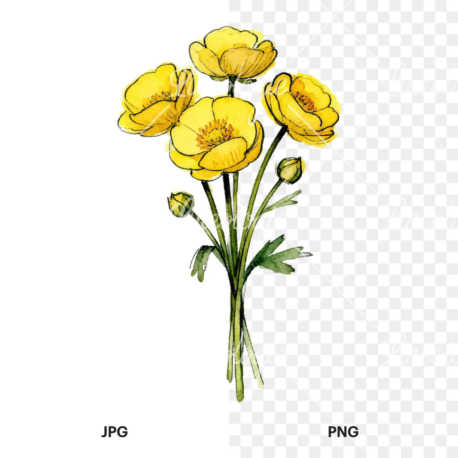 Watercolor buttercup bouquet with buds clipart 3 of 9, as a JPG on white and a transparent PNG