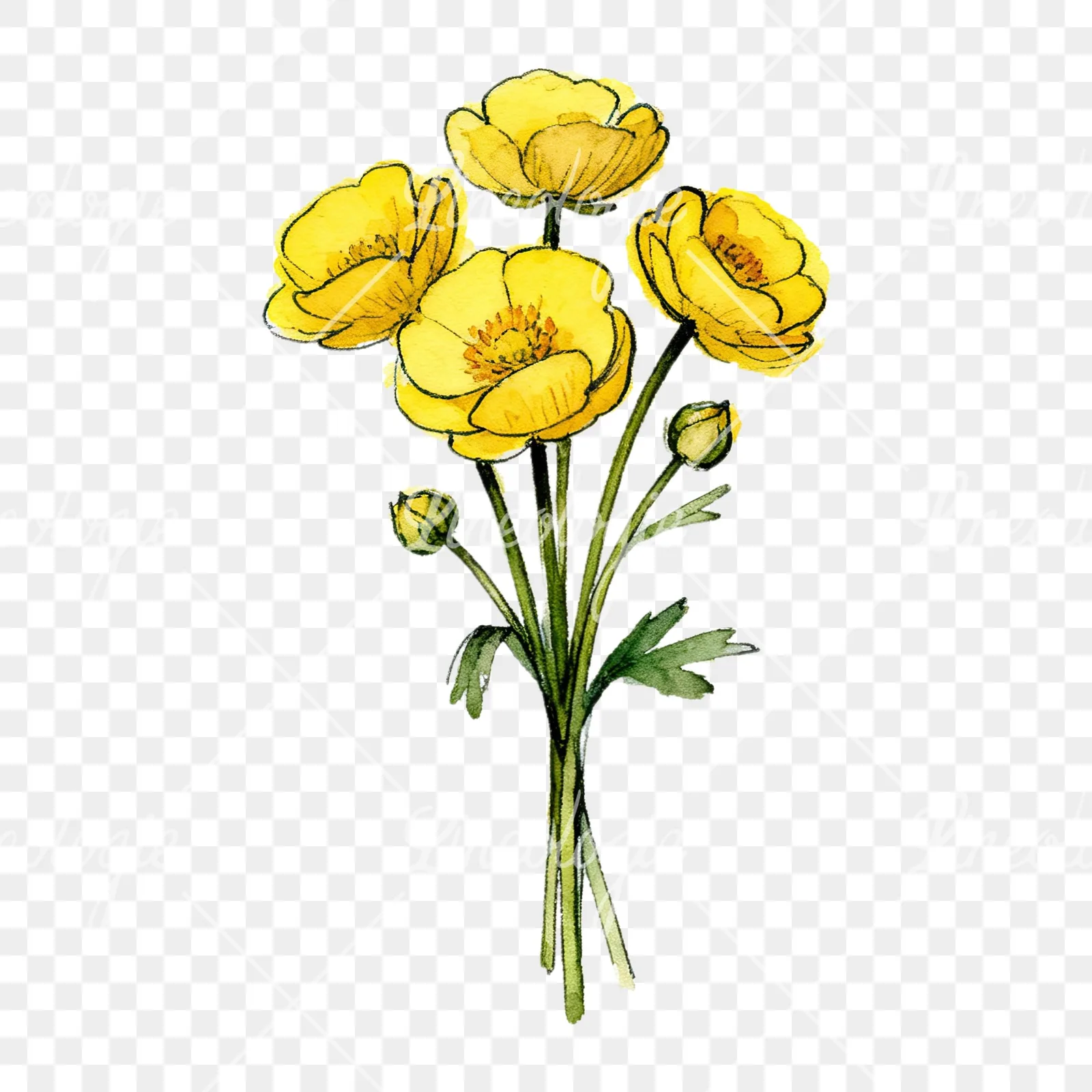 Watercolor buttercup bouquet with buds clipart 3 of 9 on a transparent background (PNG)
