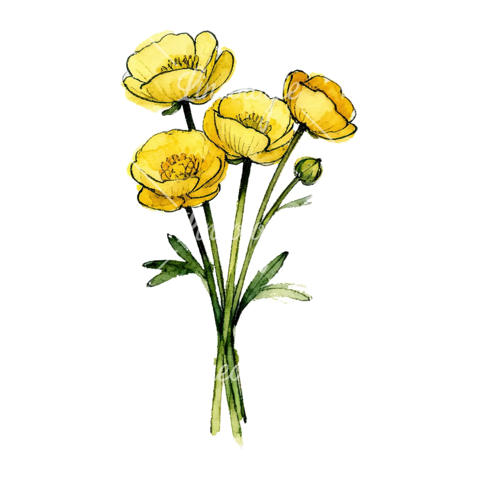 Watercolor buttercup bouquet with buds clipart 4 of 9 on a white background (JPG)