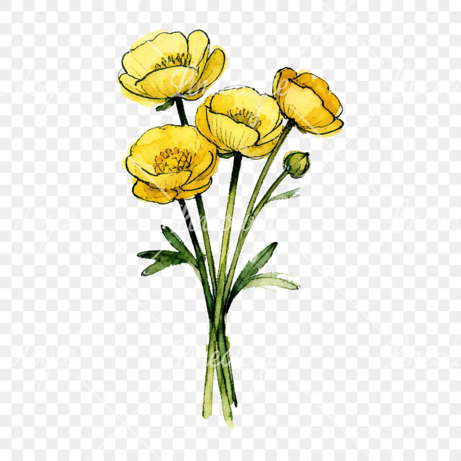 Watercolor buttercup bouquet with buds clipart 4 of 9 on a transparent background (PNG)