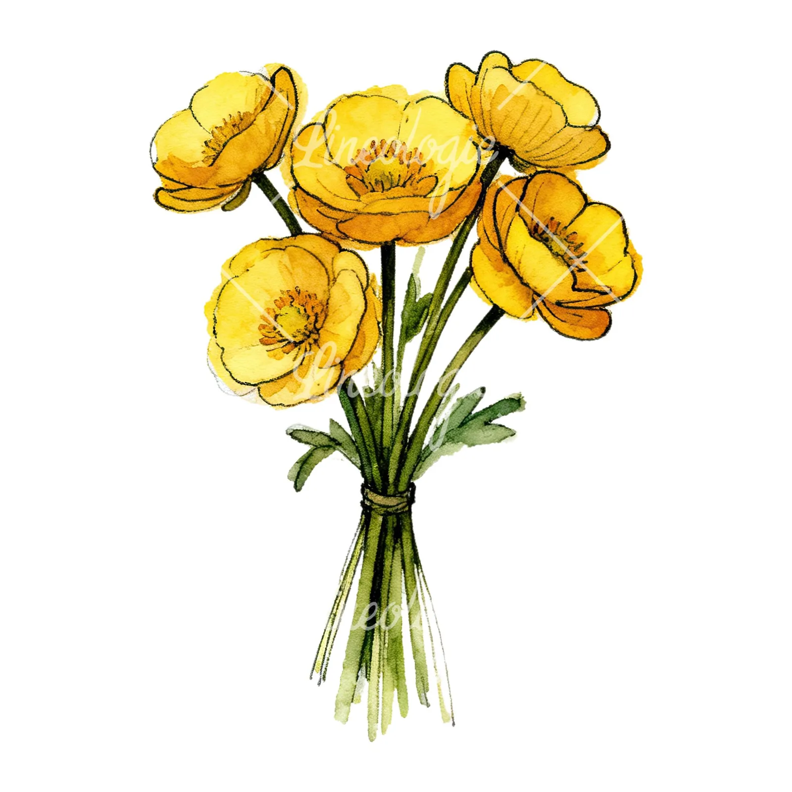 Watercolor buttercup bouquet with buds clipart 5 of 9 on a white background (JPG)