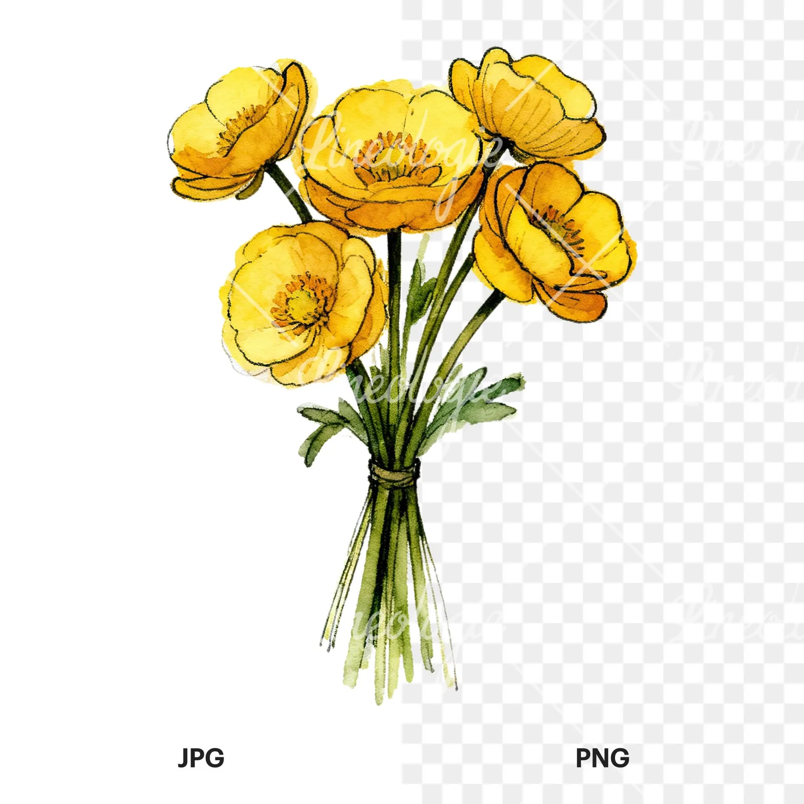 Watercolor buttercup bouquet with buds clipart 5 of 9, as a JPG on white and a transparent PNG