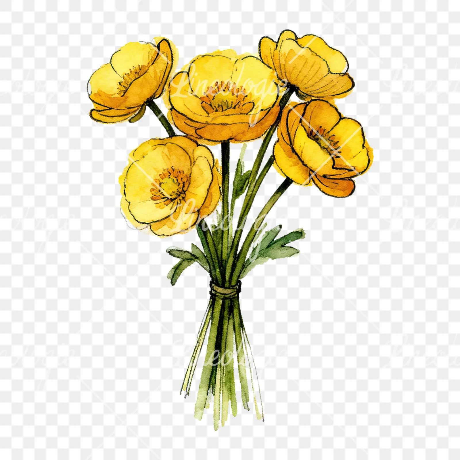 Watercolor buttercup bouquet with buds clipart 5 of 9 on a transparent background (PNG)
