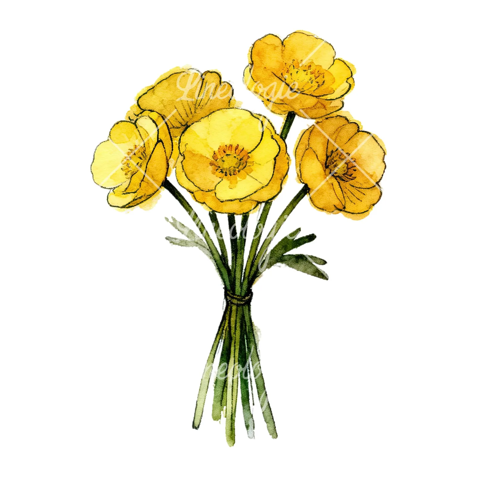 Watercolor buttercup bouquet with buds clipart 6 of 9 on a white background (JPG)