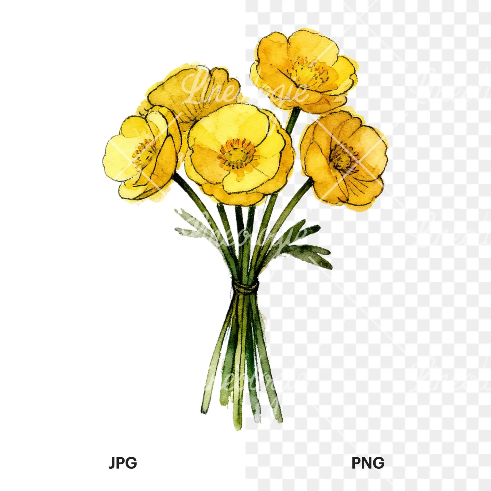 Watercolor buttercup bouquet with buds clipart 6 of 9, as a JPG on white and a transparent PNG