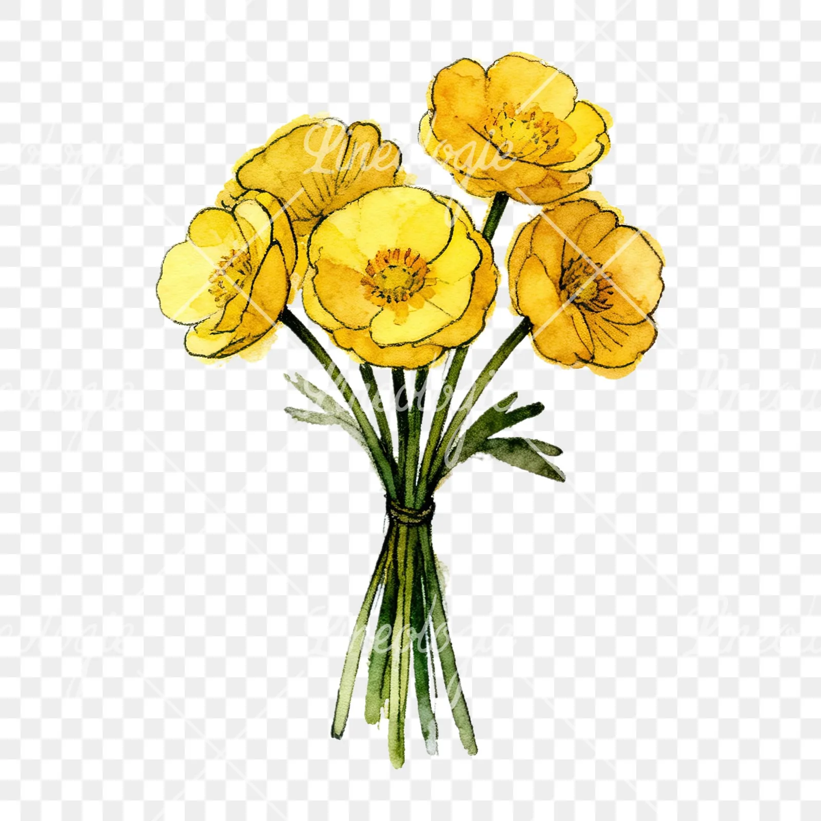 Watercolor buttercup bouquet with buds clipart 6 of 9 on a transparent background (PNG)