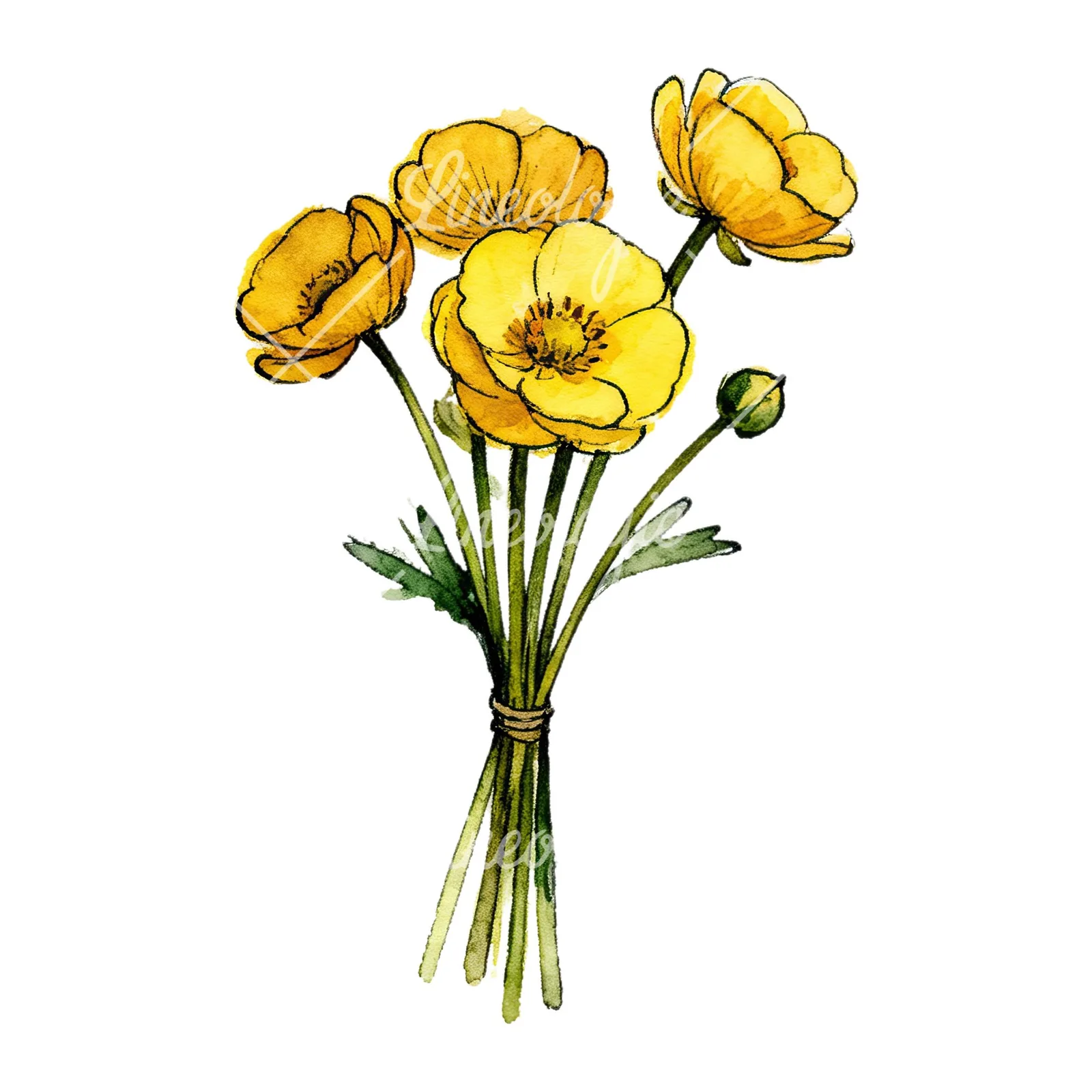 Watercolor buttercup bouquet with buds clipart 7 of 9 on a white background (JPG)