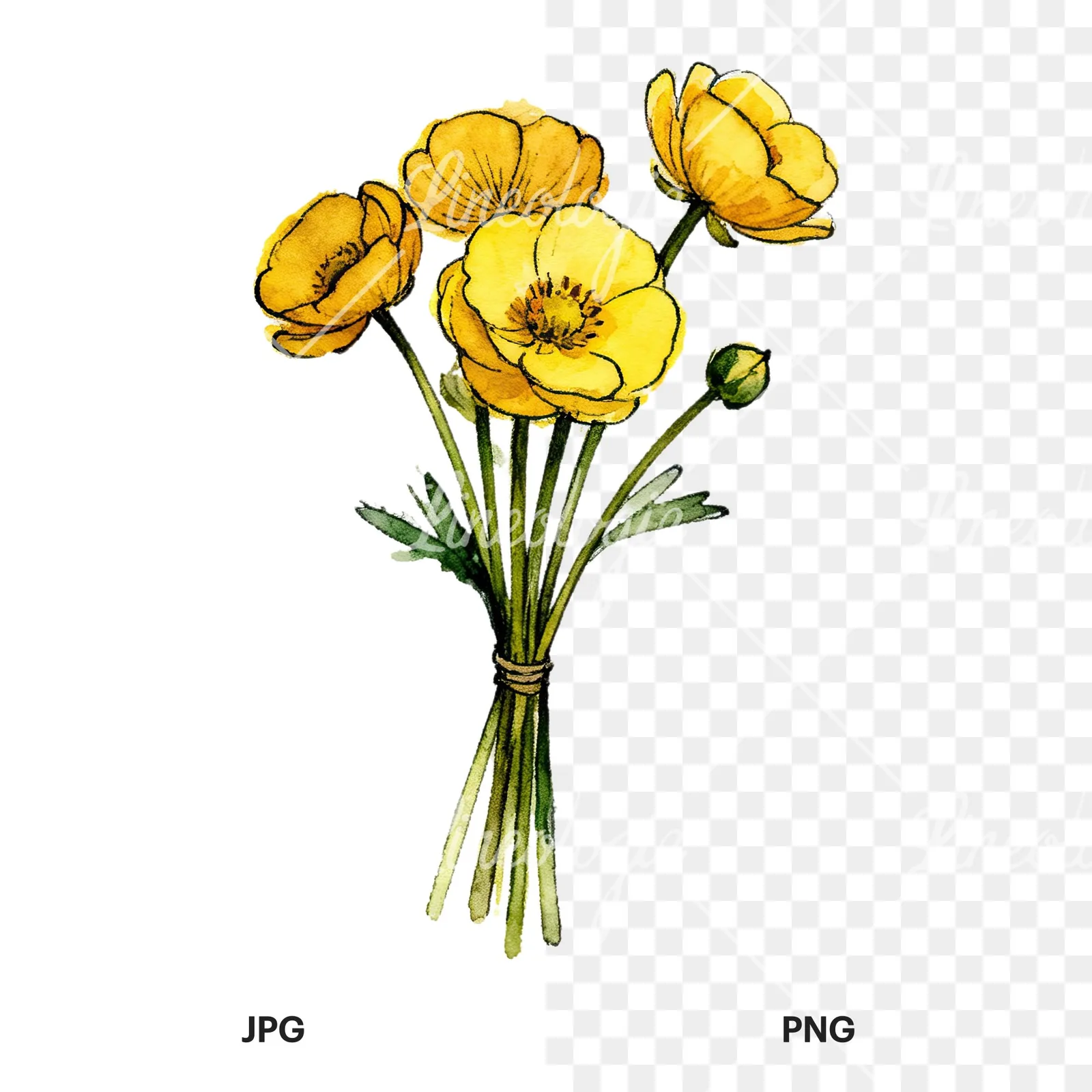 Watercolor buttercup bouquet with buds clipart 7 of 9, as a JPG on white and a transparent PNG