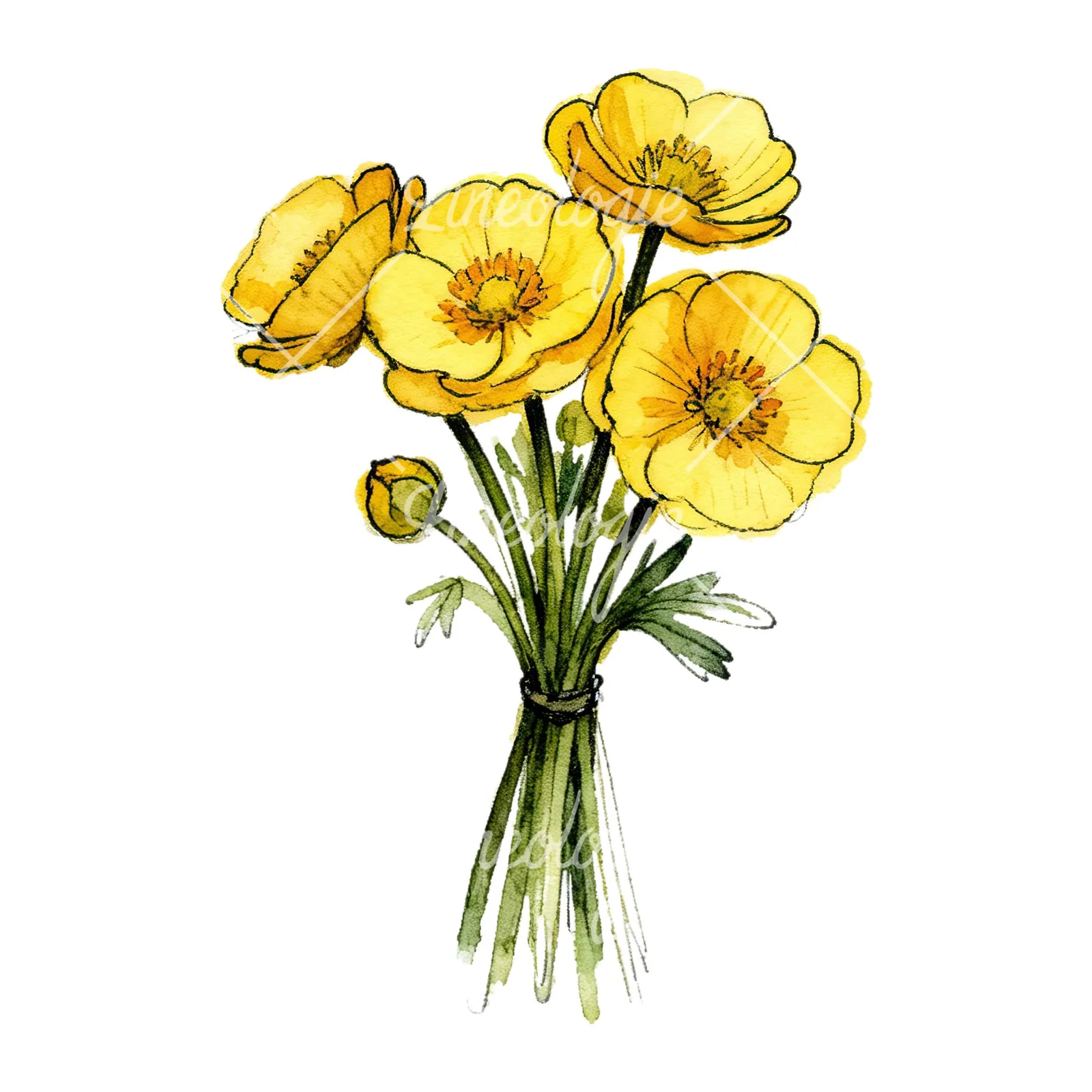Watercolor buttercup bouquet with buds clipart 8 of 9 on a white background (JPG)