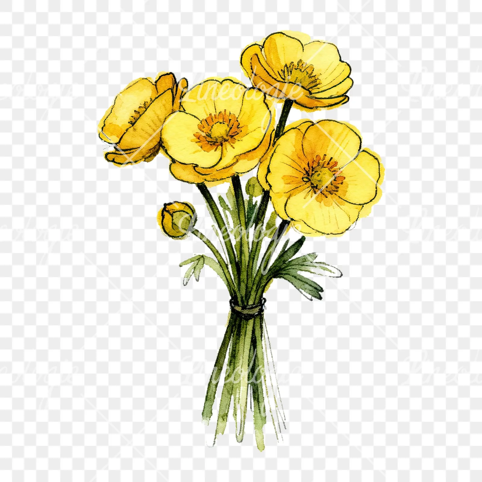Watercolor buttercup bouquet with buds clipart 8 of 9 on a transparent background (PNG)