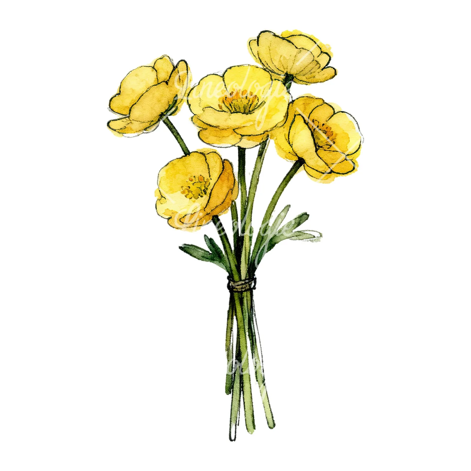 Watercolor buttercup bouquet with buds clipart 9 of 9 on a white background (JPG)