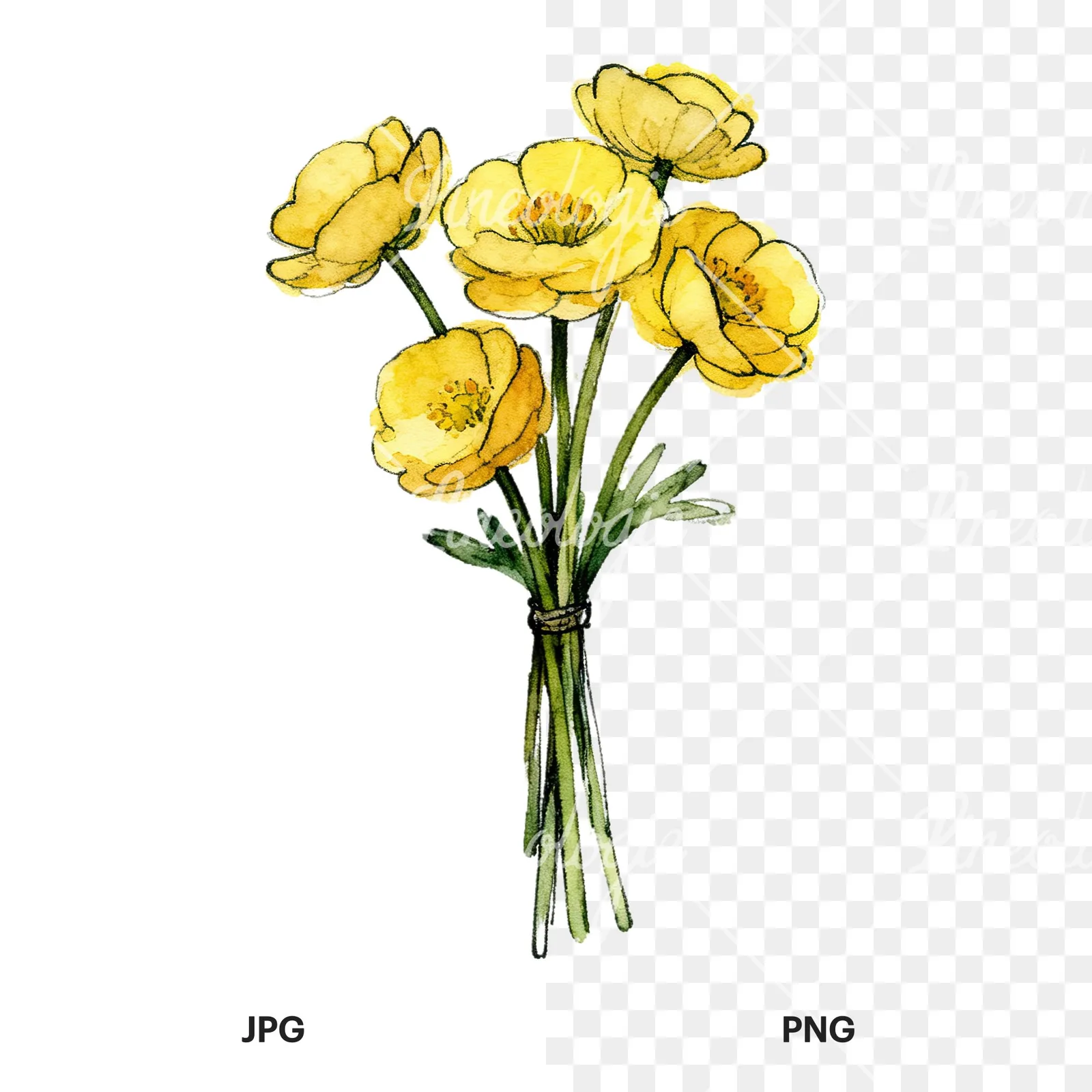 Watercolor buttercup bouquet with buds clipart 9 of 9, as a JPG on white and a transparent PNG