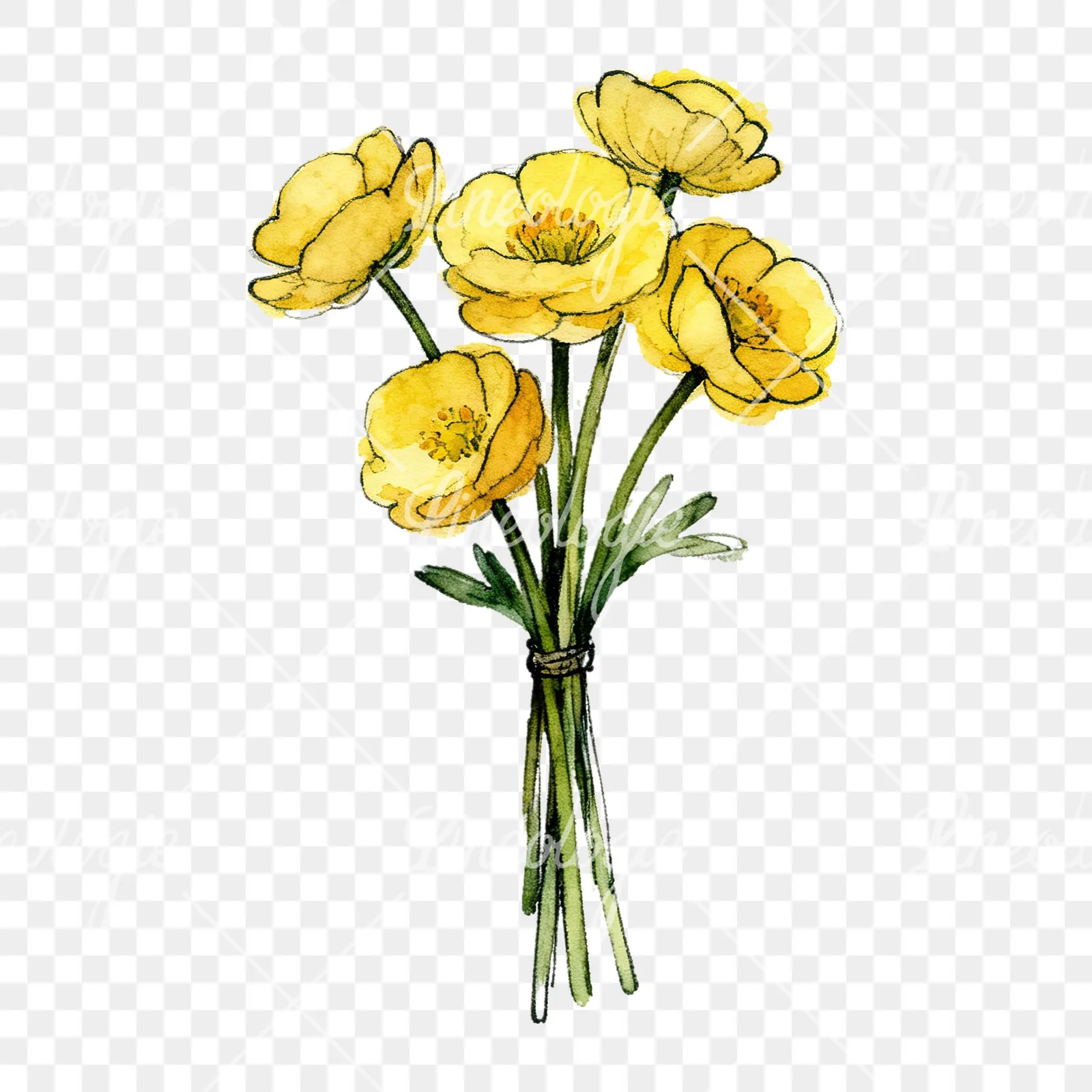 Watercolor buttercup bouquet with buds clipart 9 of 9 on a transparent background (PNG)