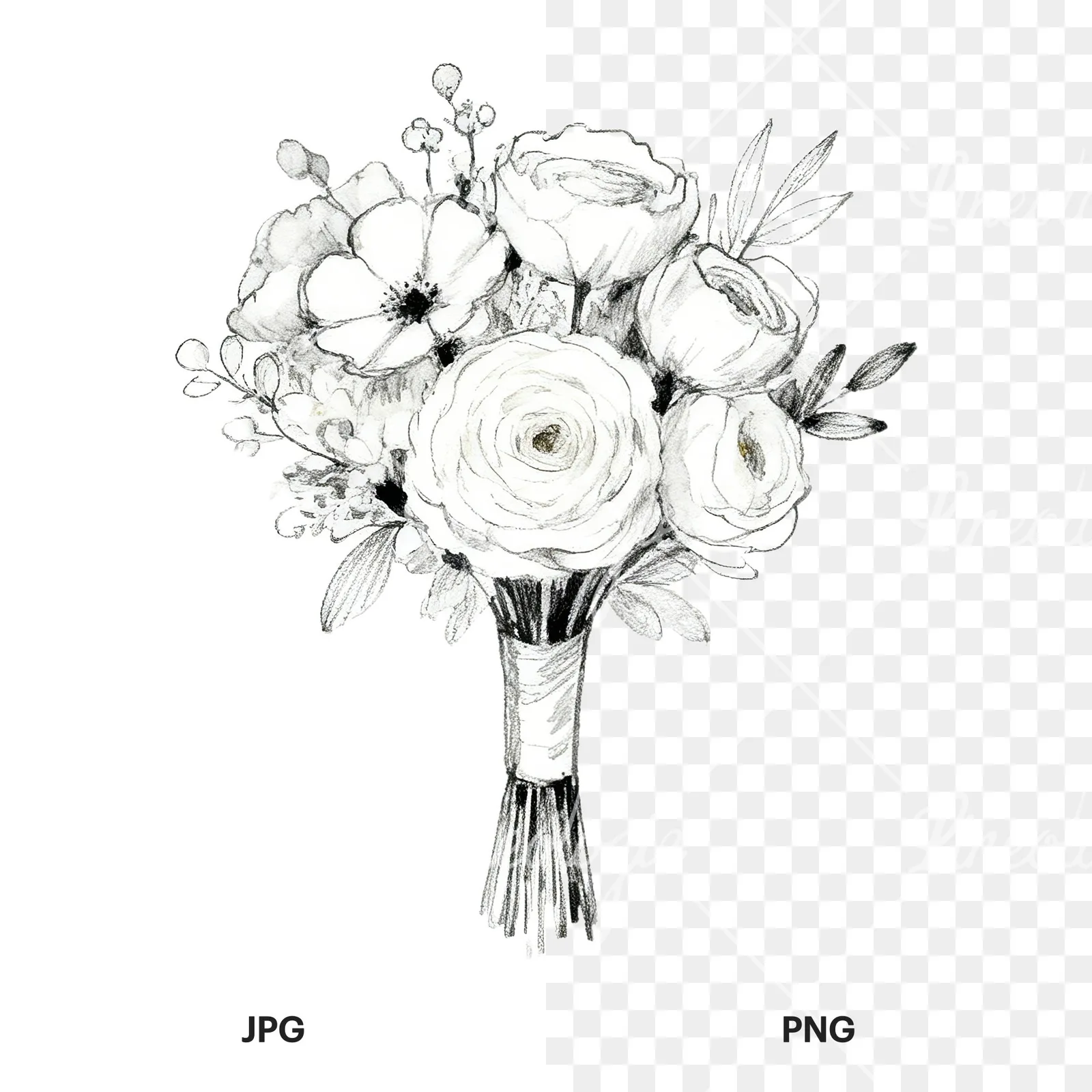 Watercolor champagne wedding bouquet clipart 1 of 9, as a JPG on white and a transparent PNG