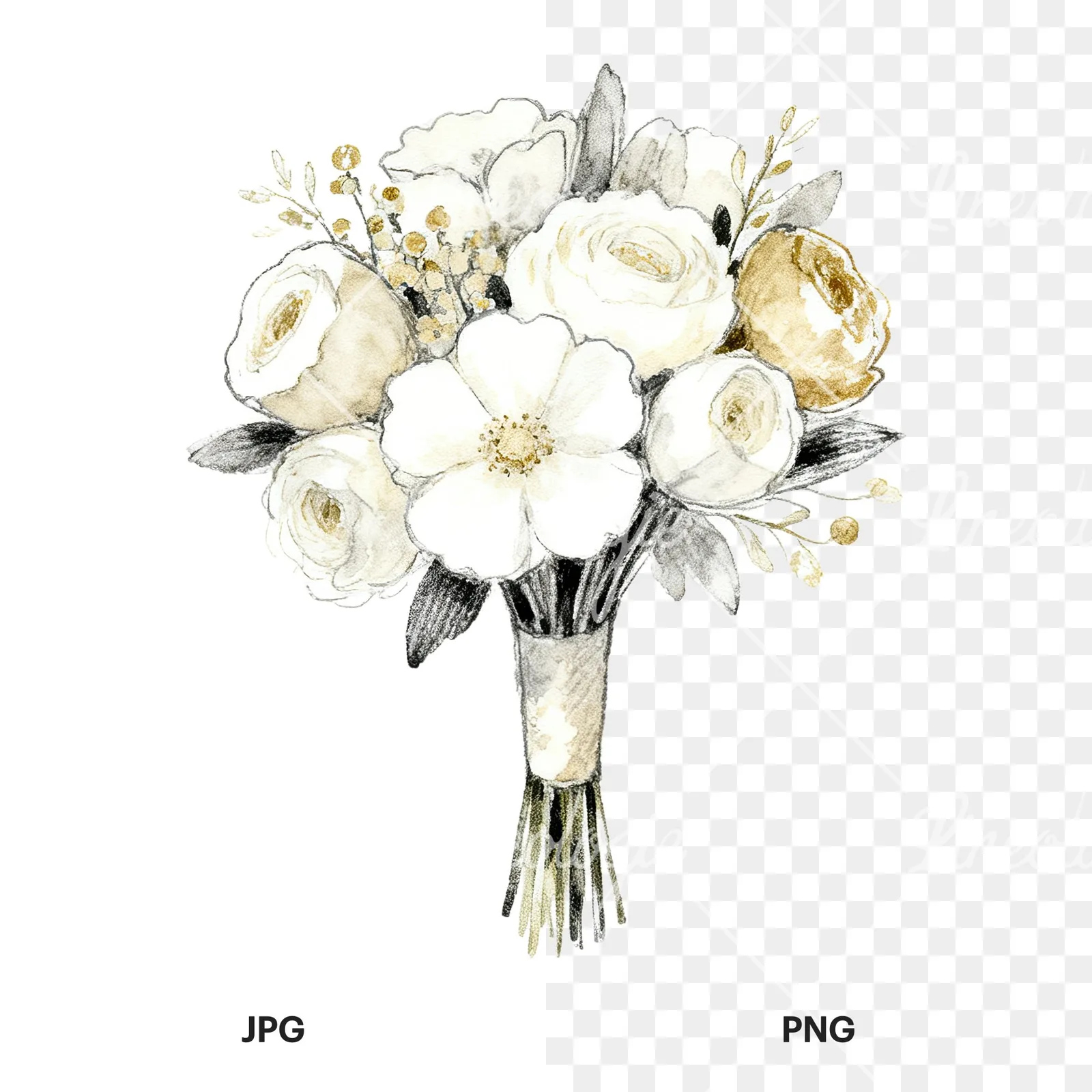 Watercolor champagne wedding bouquet clipart 2 of 9, as a JPG on white and a transparent PNG