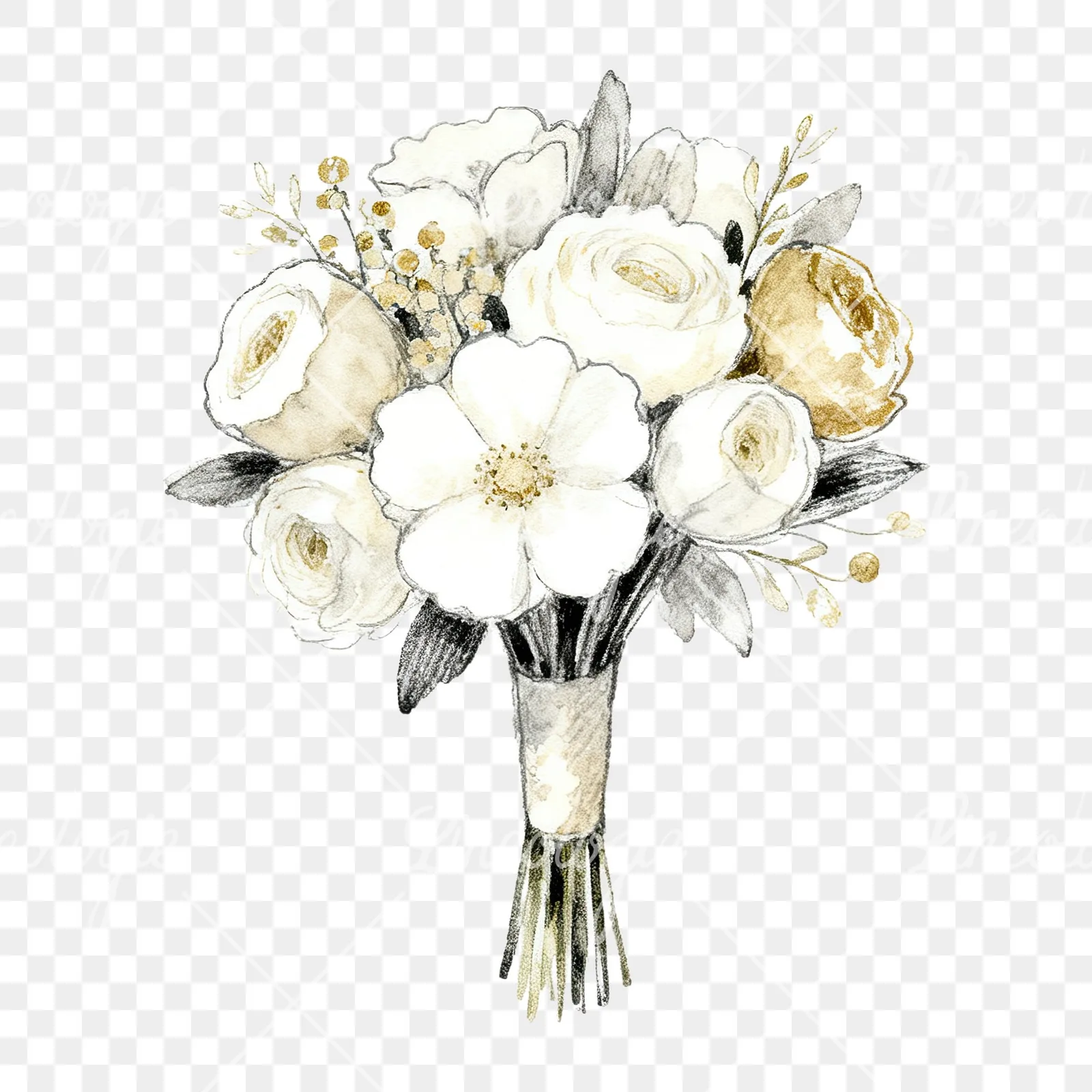 Watercolor champagne wedding bouquet clipart 2 of 9 on a transparent background (PNG)