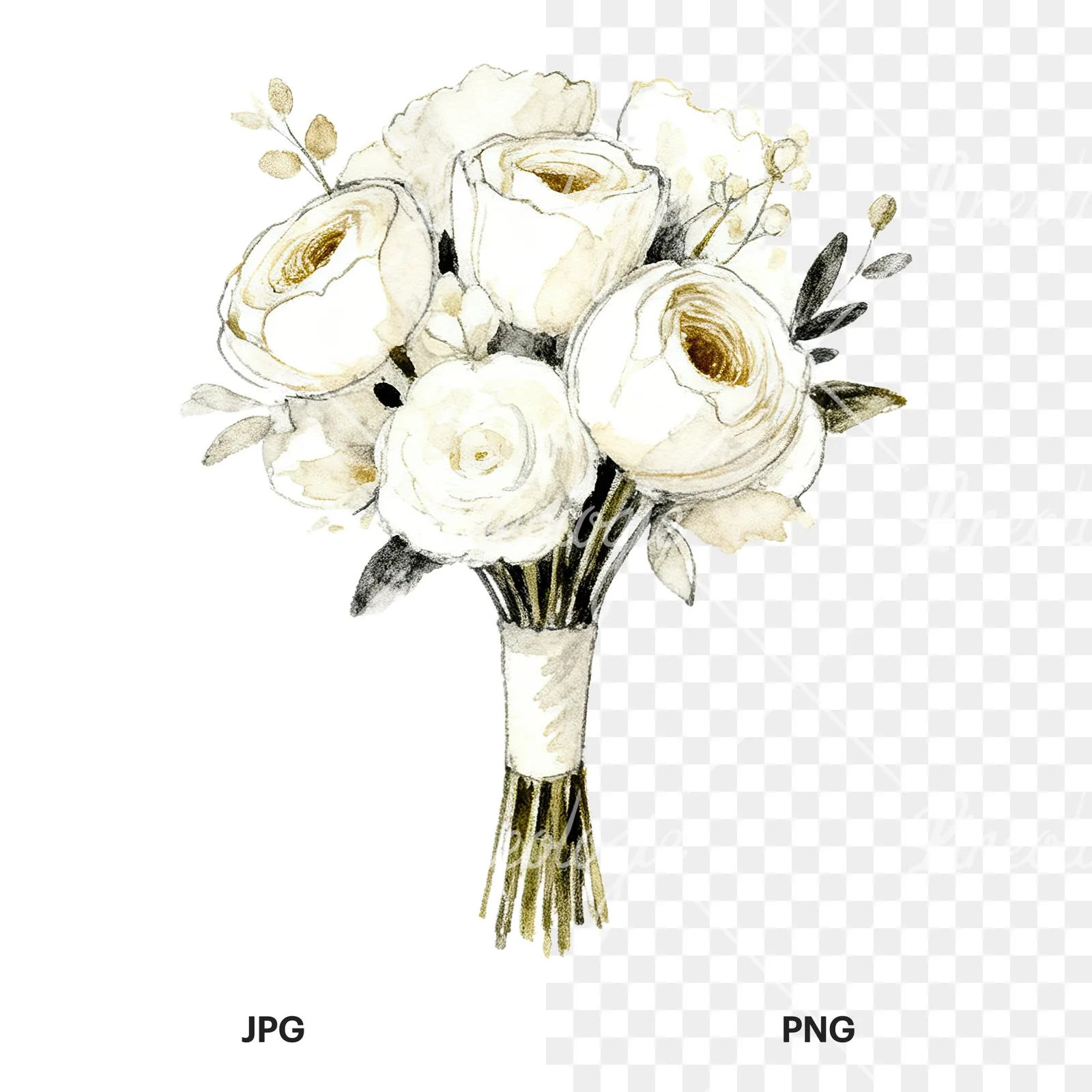 Watercolor champagne wedding bouquet clipart 3 of 9, as a JPG on white and a transparent PNG