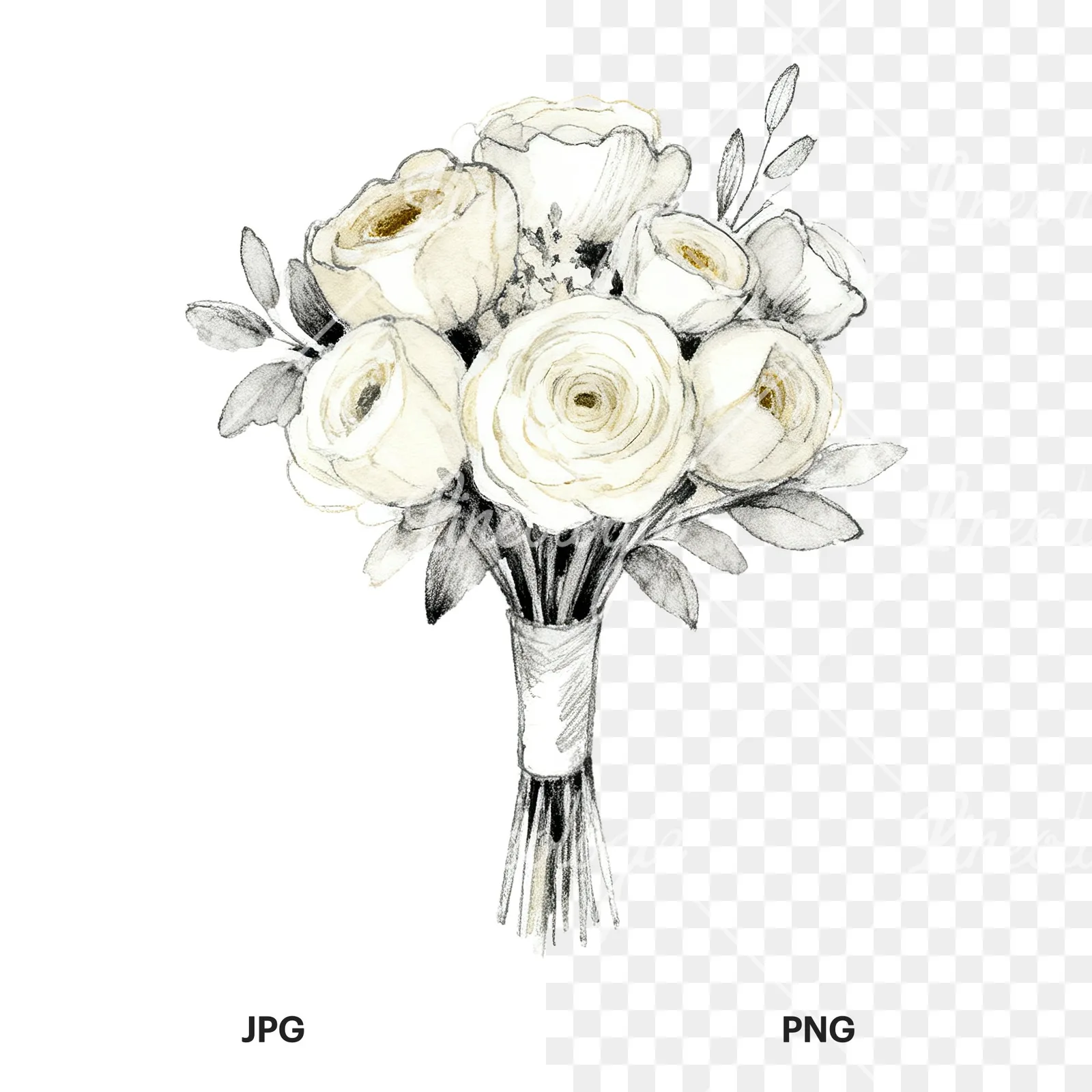 Watercolor champagne wedding bouquet clipart 4 of 9, as a JPG on white and a transparent PNG