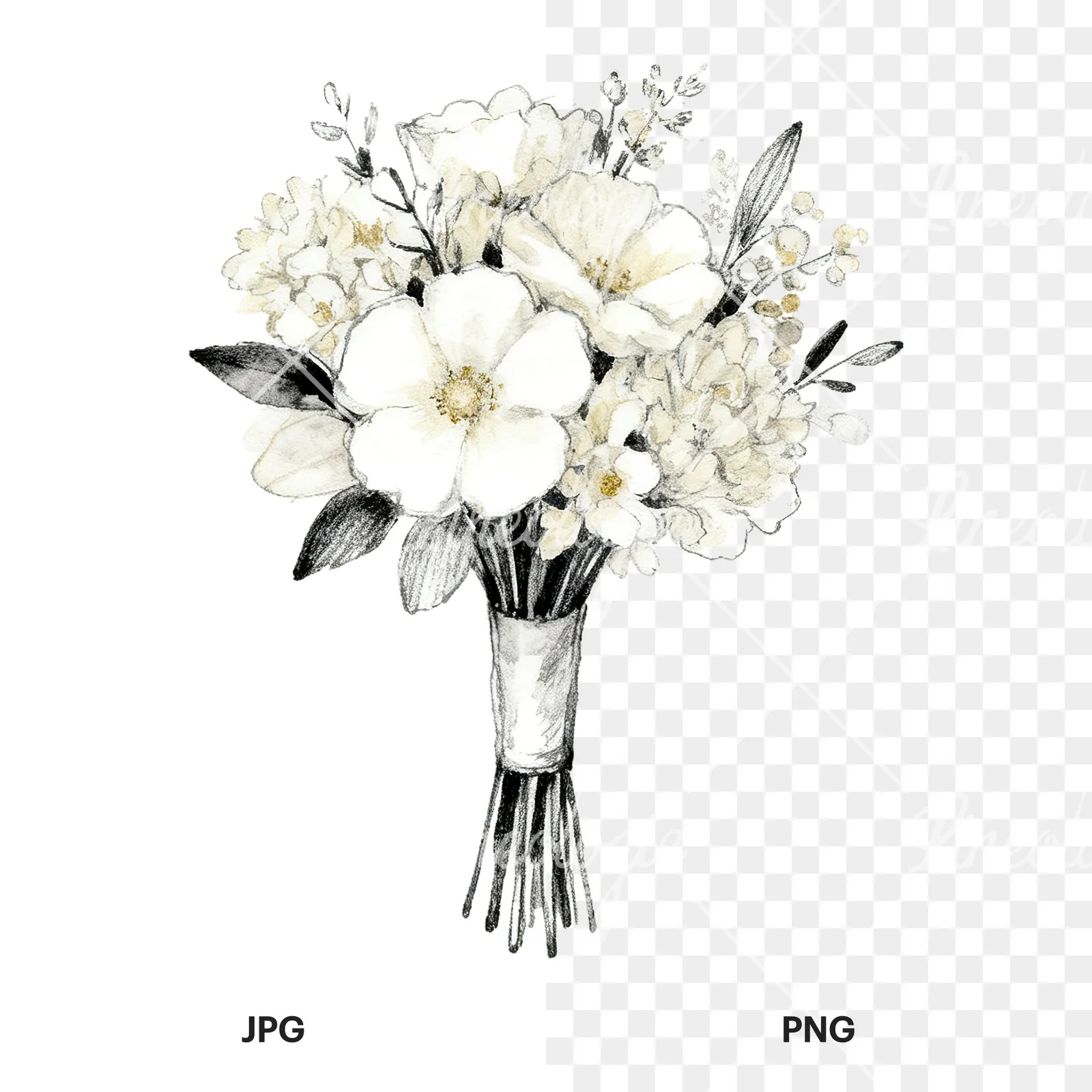 Watercolor champagne wedding bouquet clipart 5 of 9, as a JPG on white and a transparent PNG