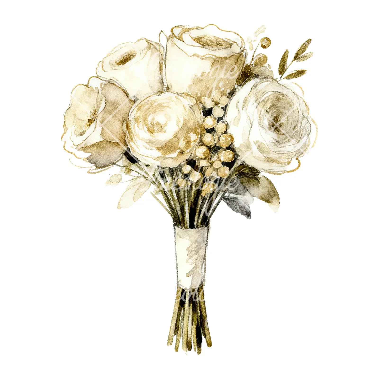 Watercolor champagne wedding bouquet clipart 6 of 9 on a white background (JPG)