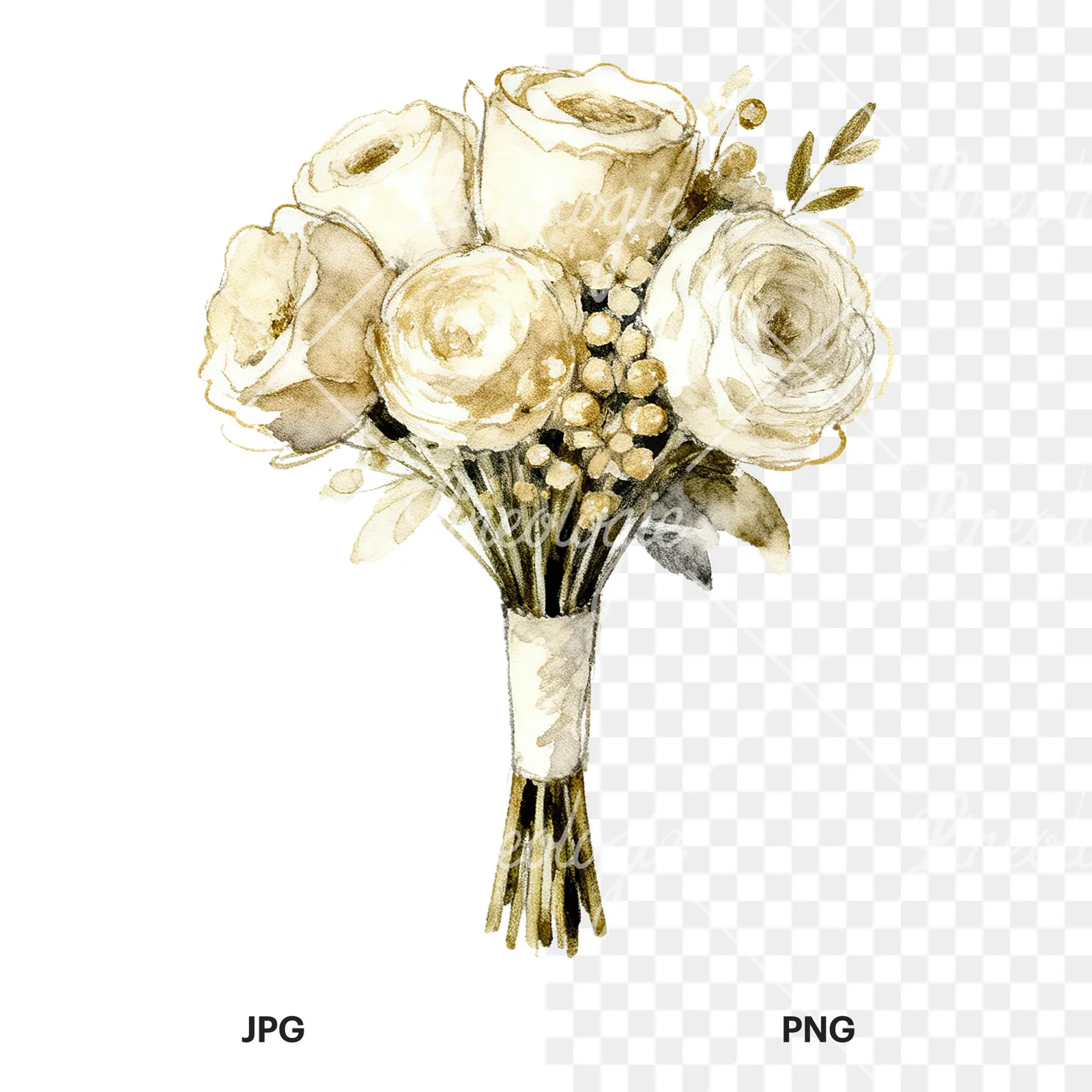 Watercolor champagne wedding bouquet clipart 6 of 9, as a JPG on white and a transparent PNG