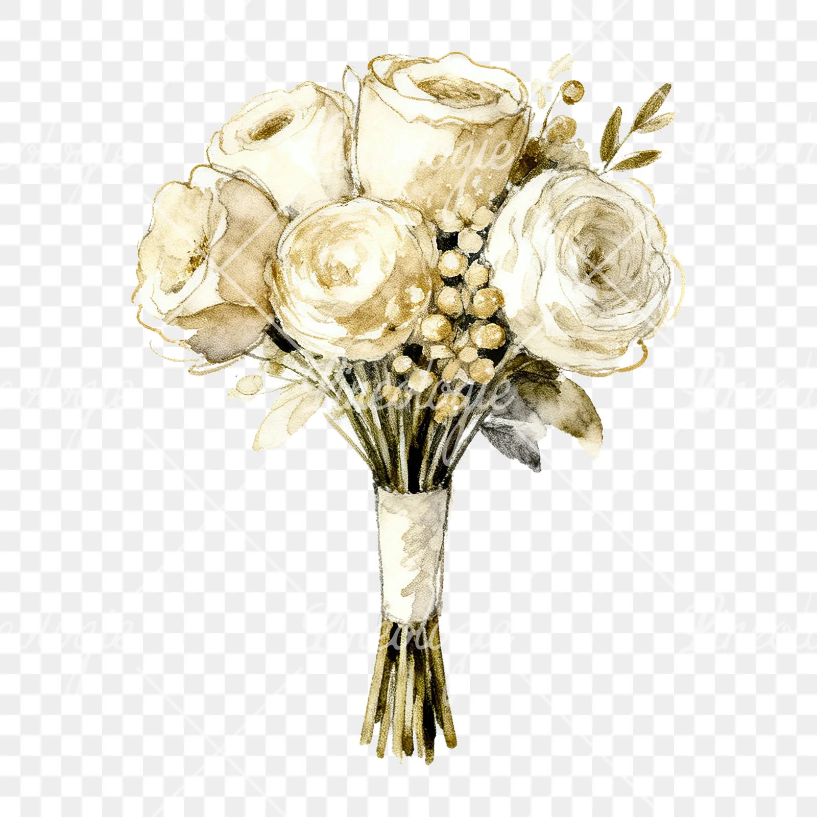 Watercolor champagne wedding bouquet clipart 6 of 9 on a transparent background (PNG)