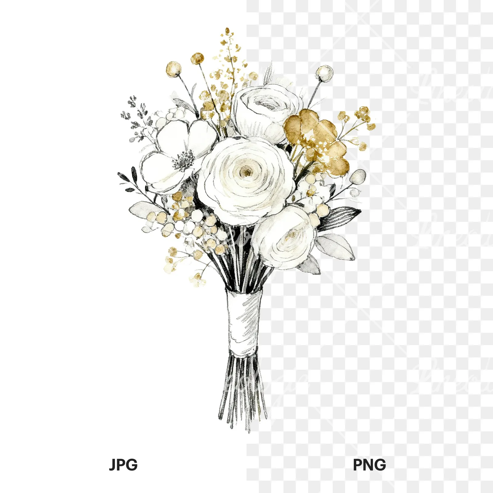 Watercolor champagne wedding bouquet clipart 7 of 9, as a JPG on white and a transparent PNG
