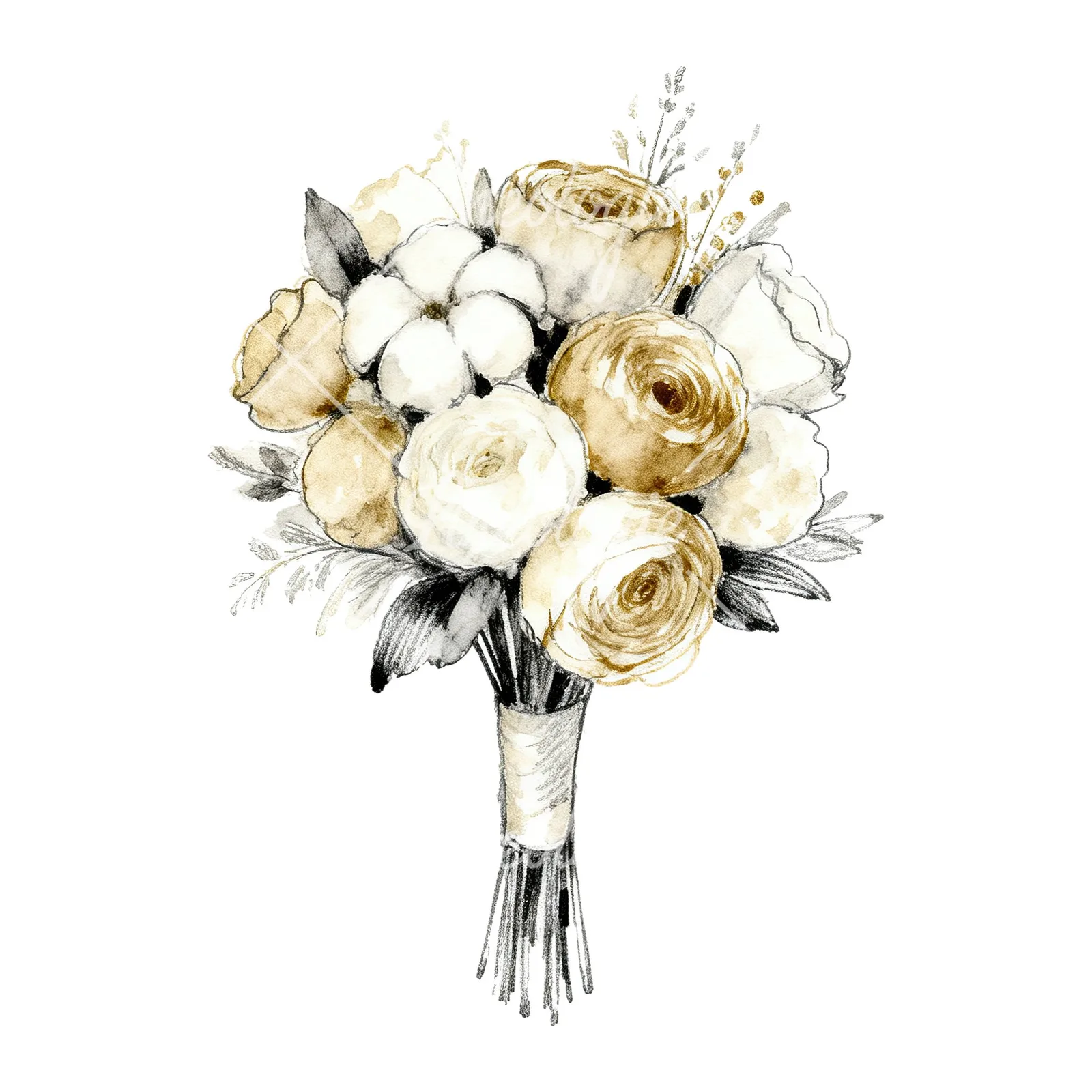 Watercolor champagne wedding bouquet clipart 8 of 9 on a white background (JPG)