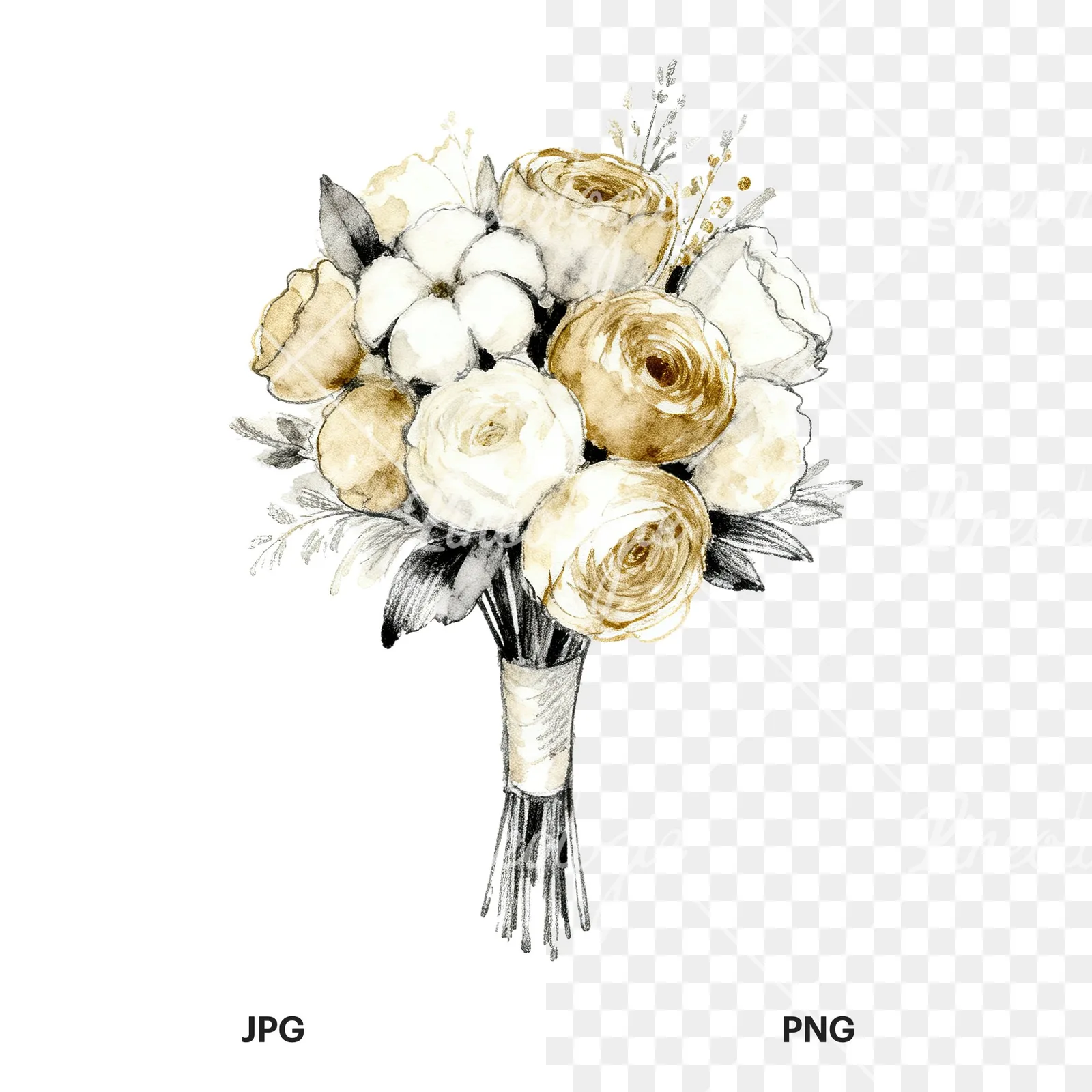 Watercolor champagne wedding bouquet clipart 8 of 9, as a JPG on white and a transparent PNG