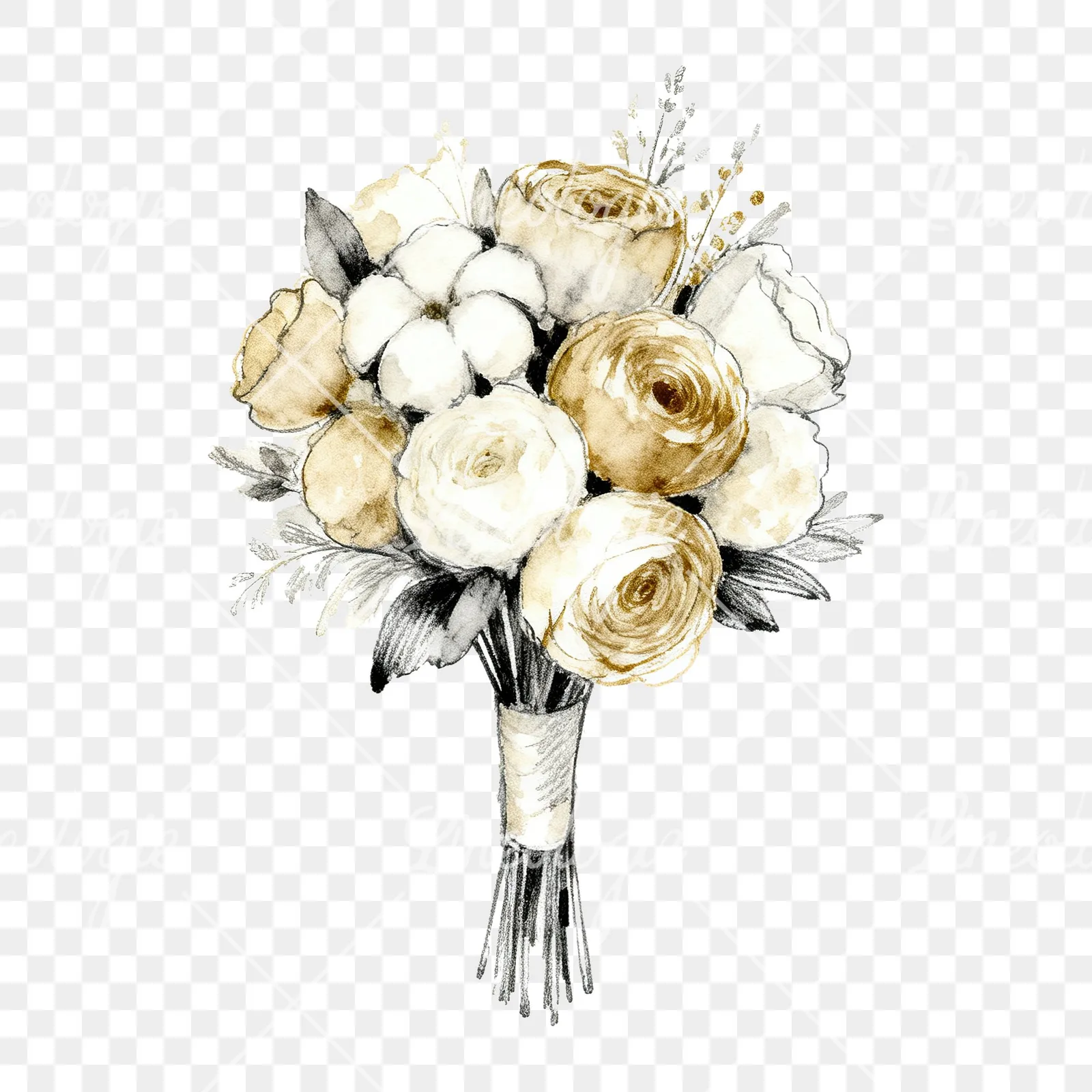 Watercolor champagne wedding bouquet clipart 8 of 9 on a transparent background (PNG)