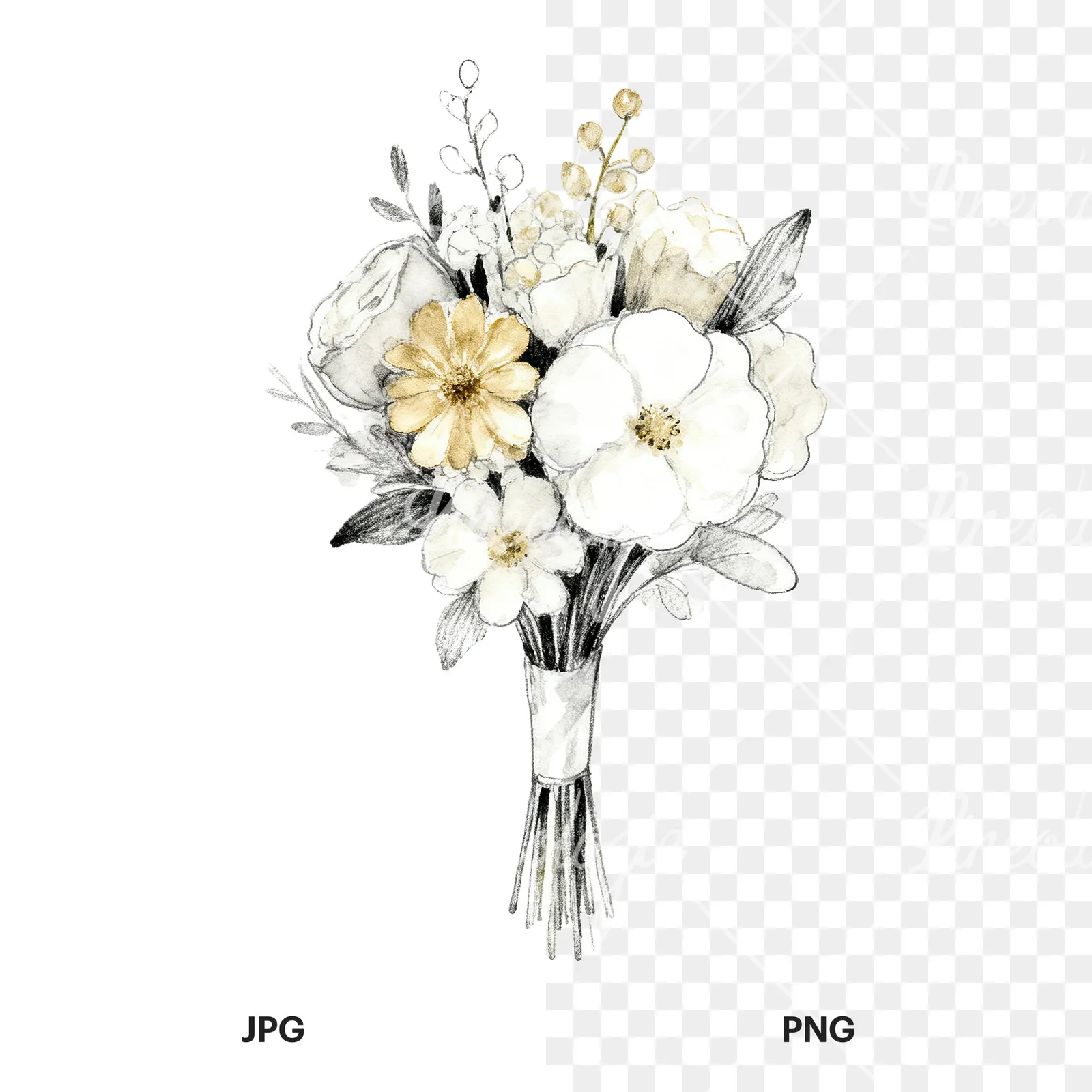 Watercolor champagne wedding bouquet clipart 9 of 9, as a JPG on white and a transparent PNG