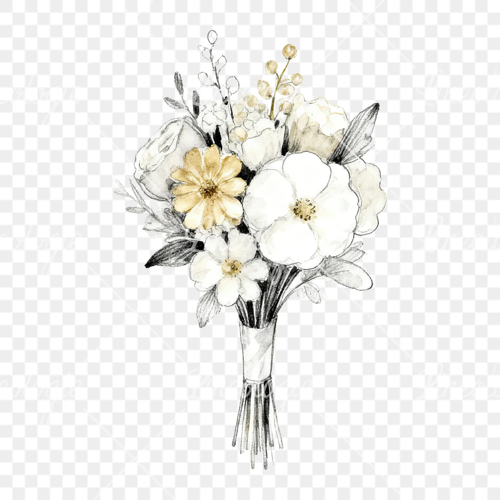 Watercolor champagne wedding bouquet clipart 9 of 9 on a transparent background (PNG)
