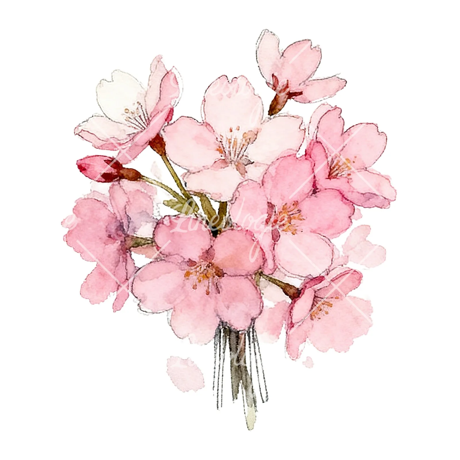 Watercolor pink cherry blossom bouquet clipart 1 of 9 on a white background (JPG)