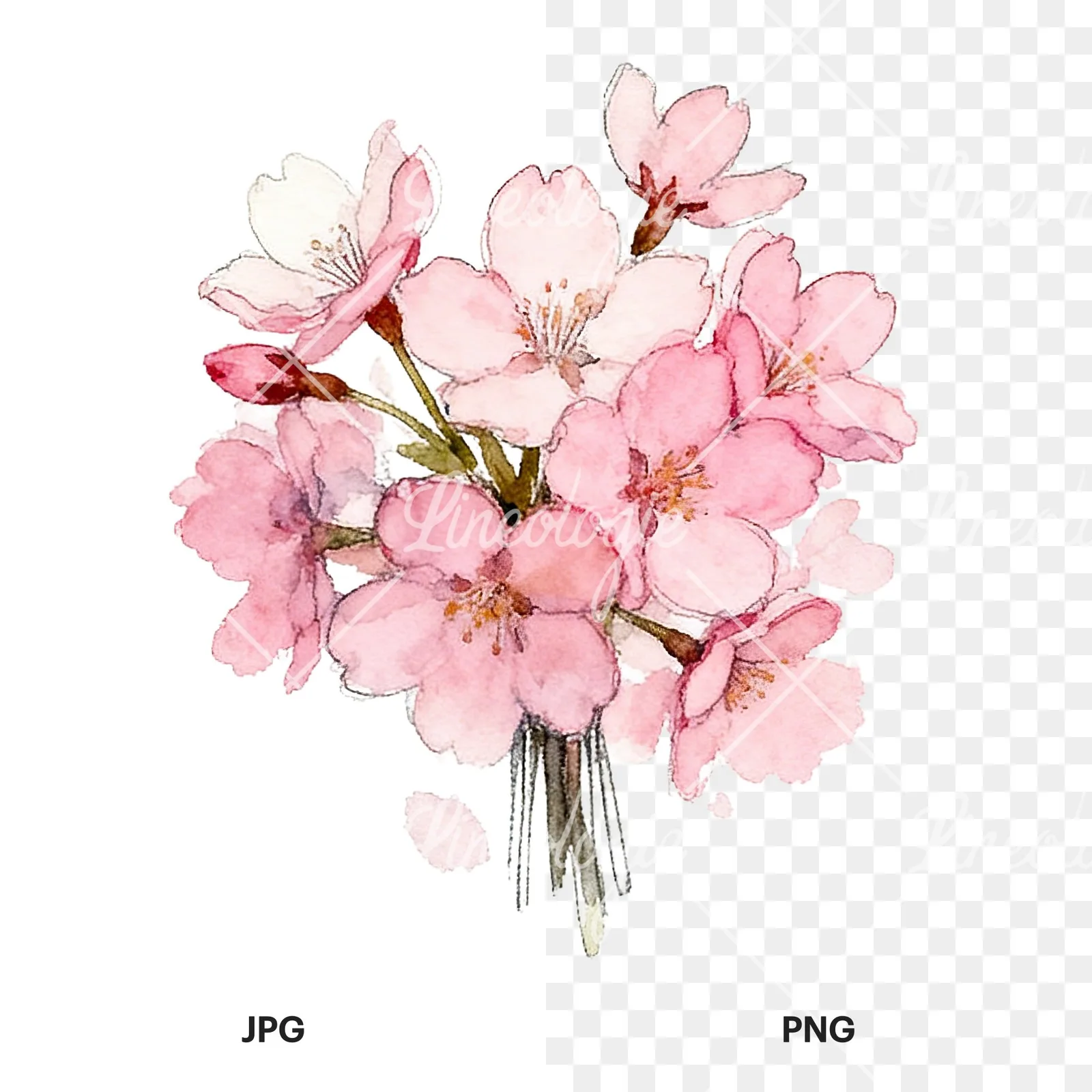 Watercolor pink cherry blossom bouquet clipart 1 of 9, as a JPG on white and a transparent PNG