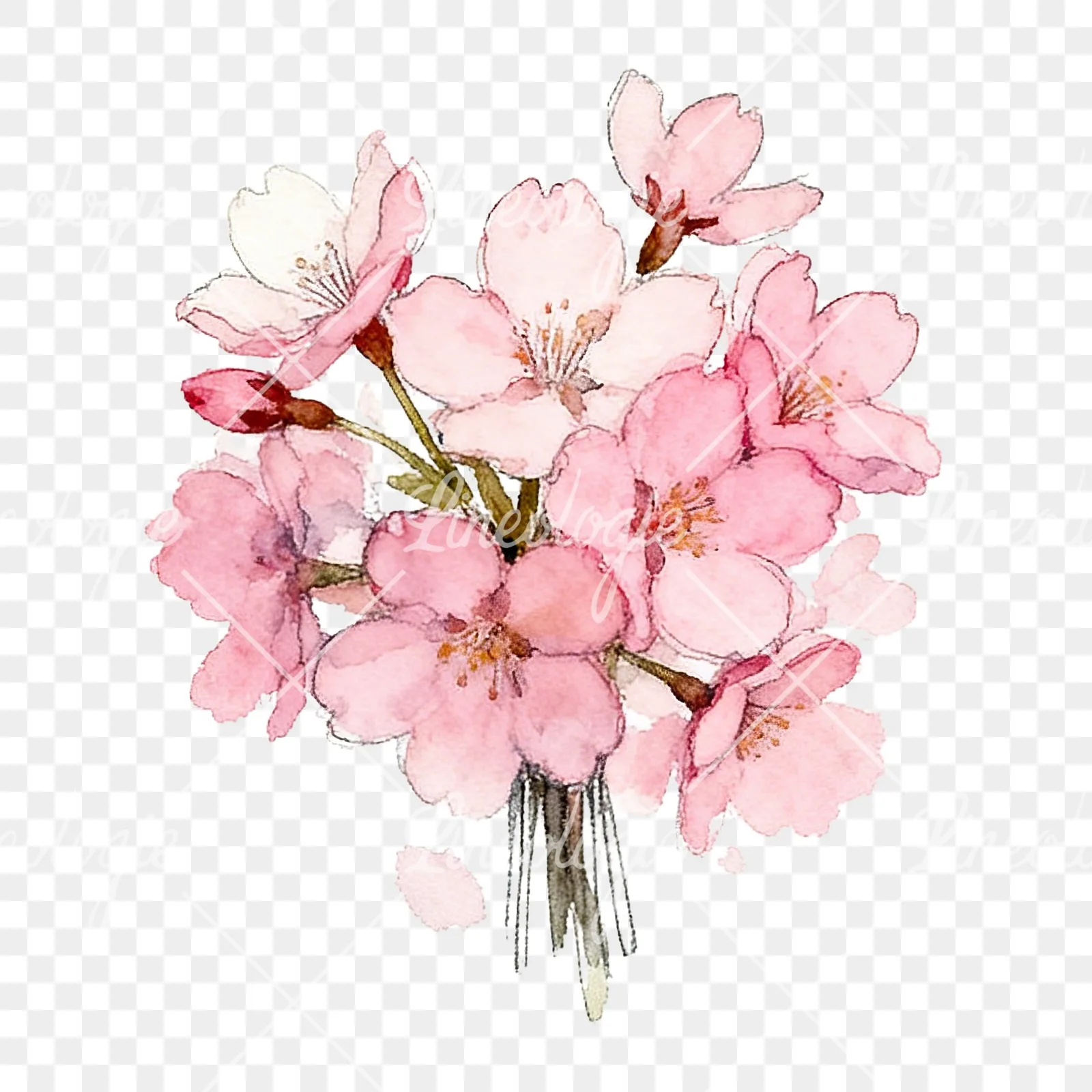 Watercolor pink cherry blossom bouquet clipart 1 of 9 on a transparent background (PNG)