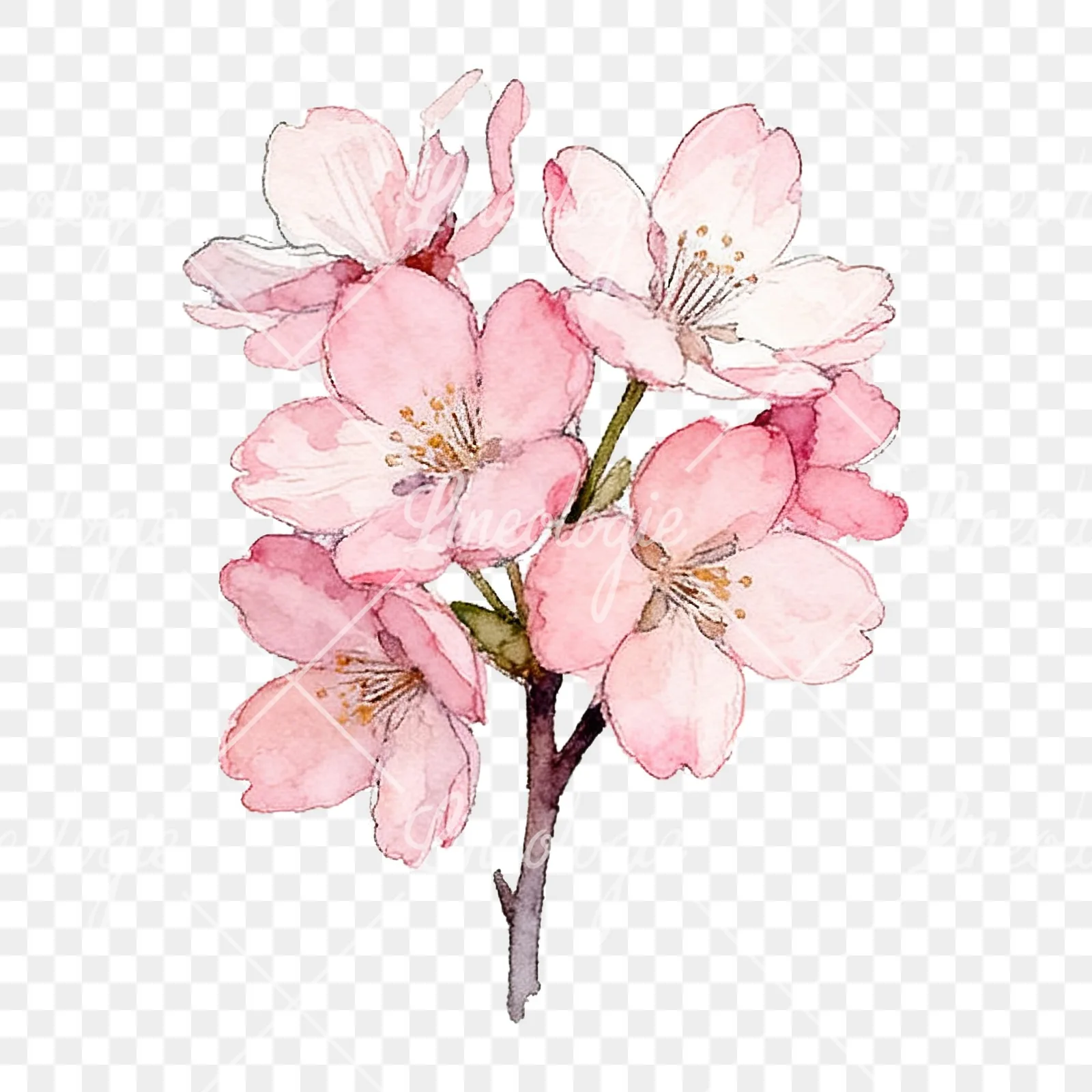 Watercolor pink cherry blossom bouquet clipart 2 of 9 on a transparent background (PNG)