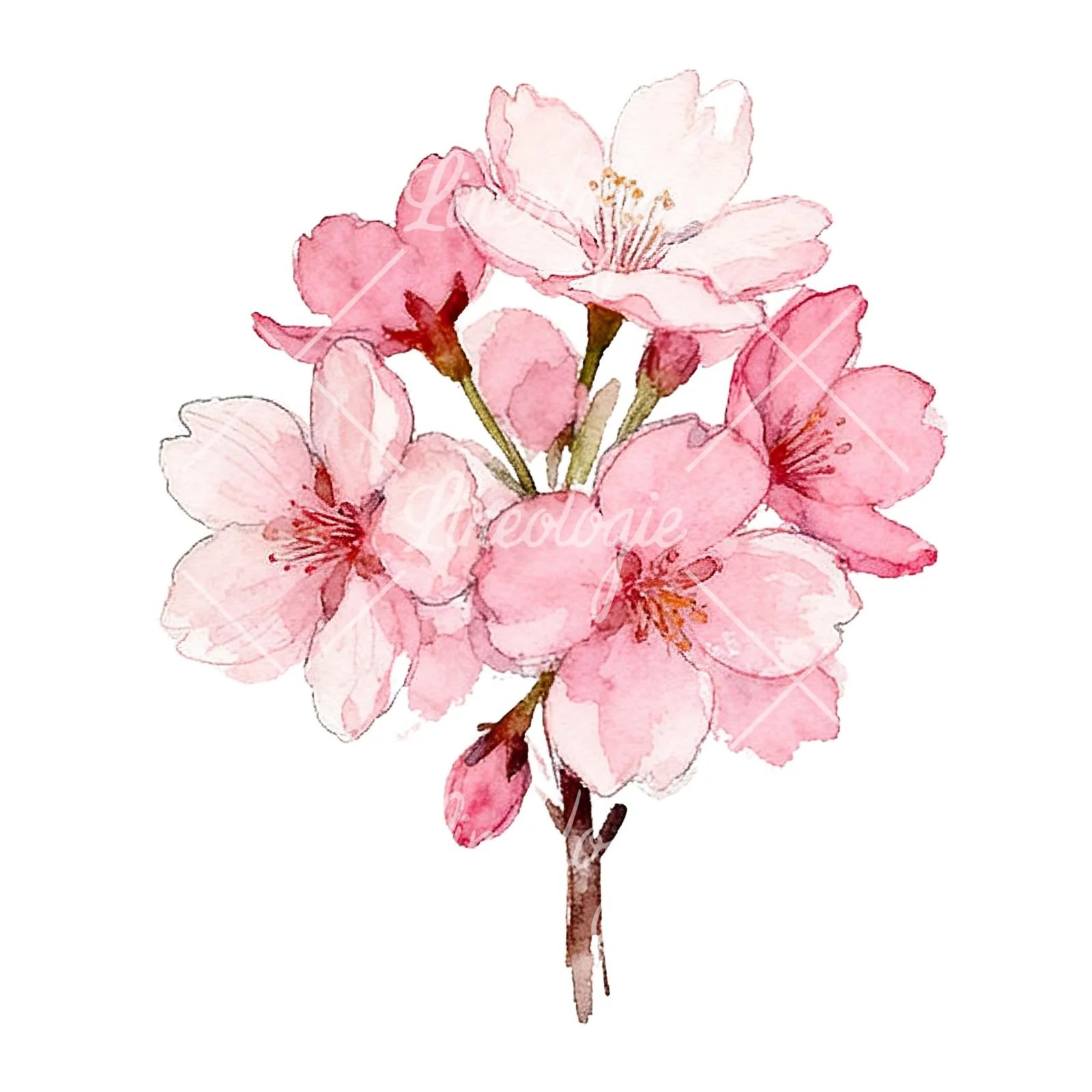 Watercolor pink cherry blossom bouquet clipart 3 of 9 on a white background (JPG)