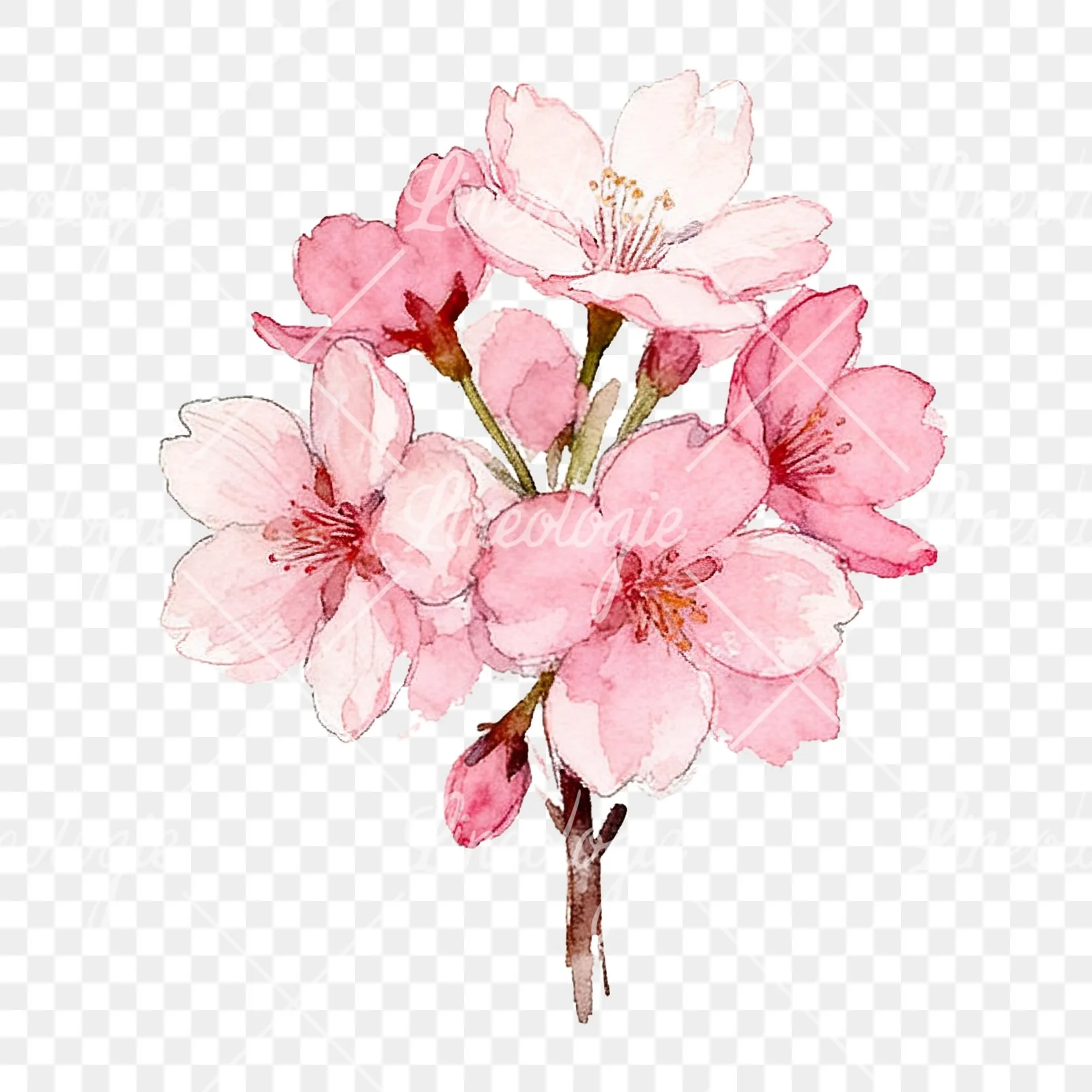Watercolor pink cherry blossom bouquet clipart 3 of 9 on a transparent background (PNG)