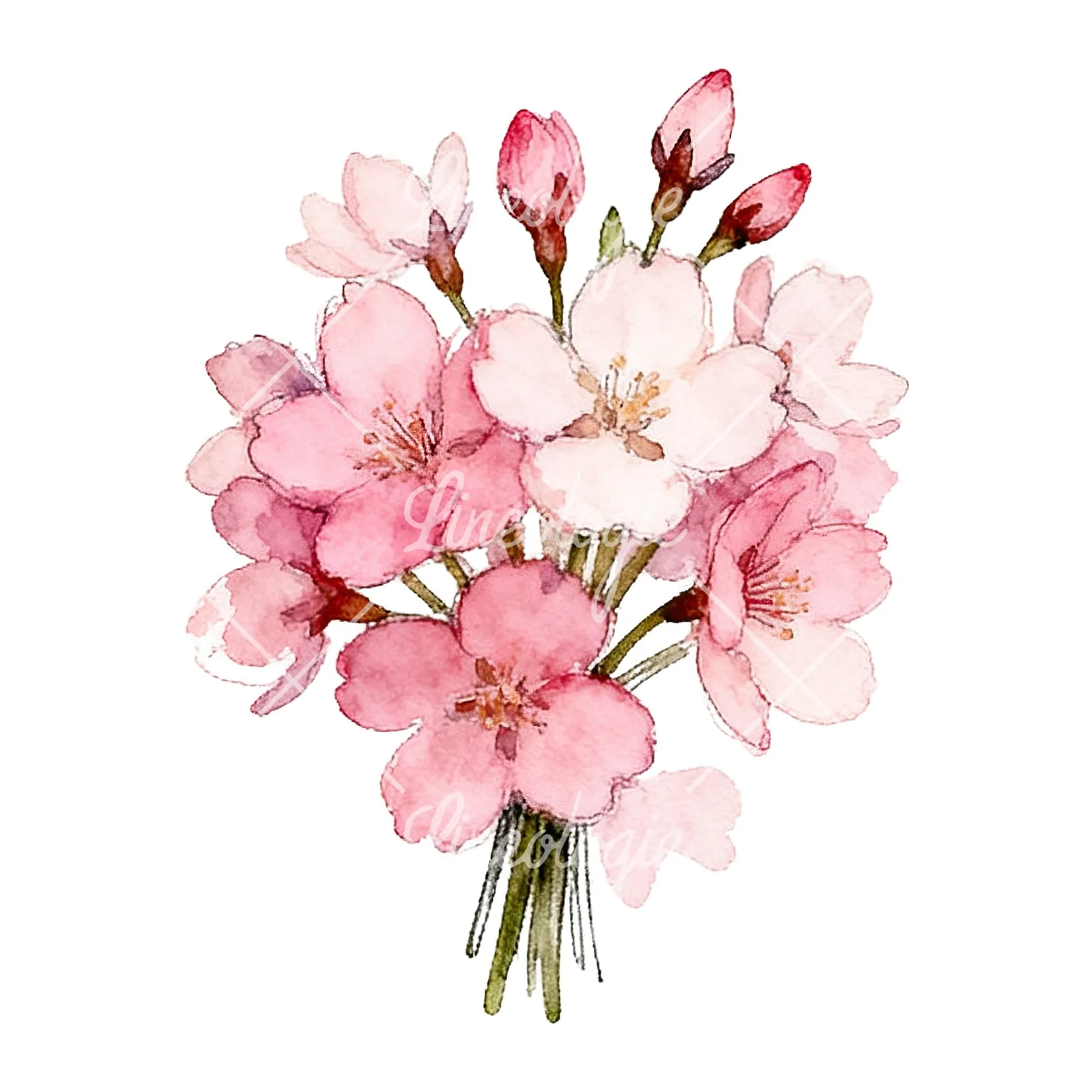 Watercolor pink cherry blossom bouquet clipart 4 of 9 on a white background (JPG)