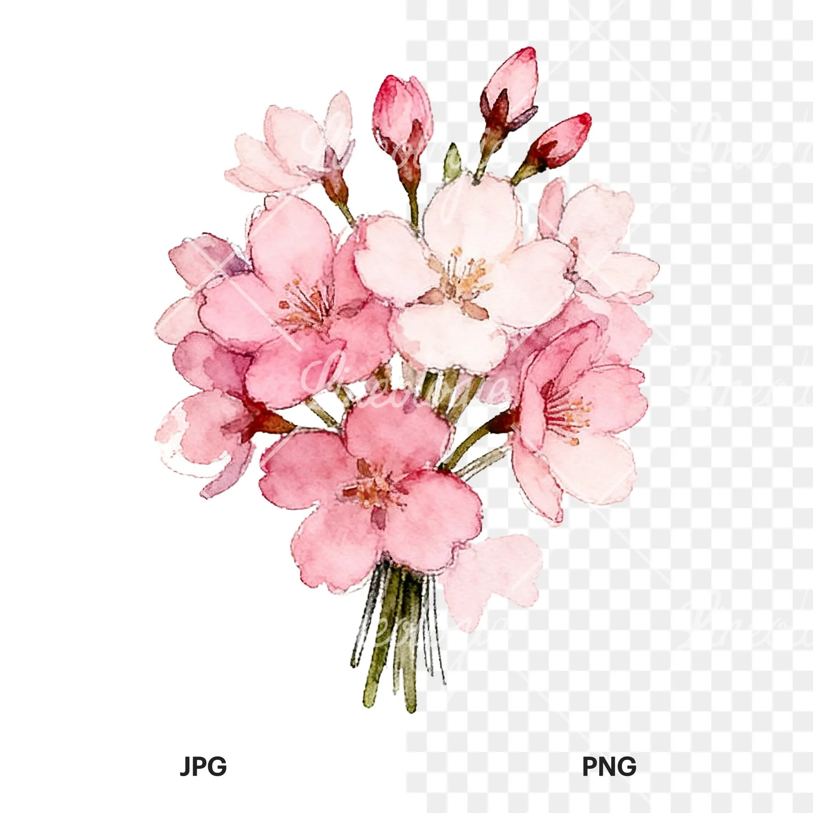 Watercolor pink cherry blossom bouquet clipart 4 of 9, as a JPG on white and a transparent PNG