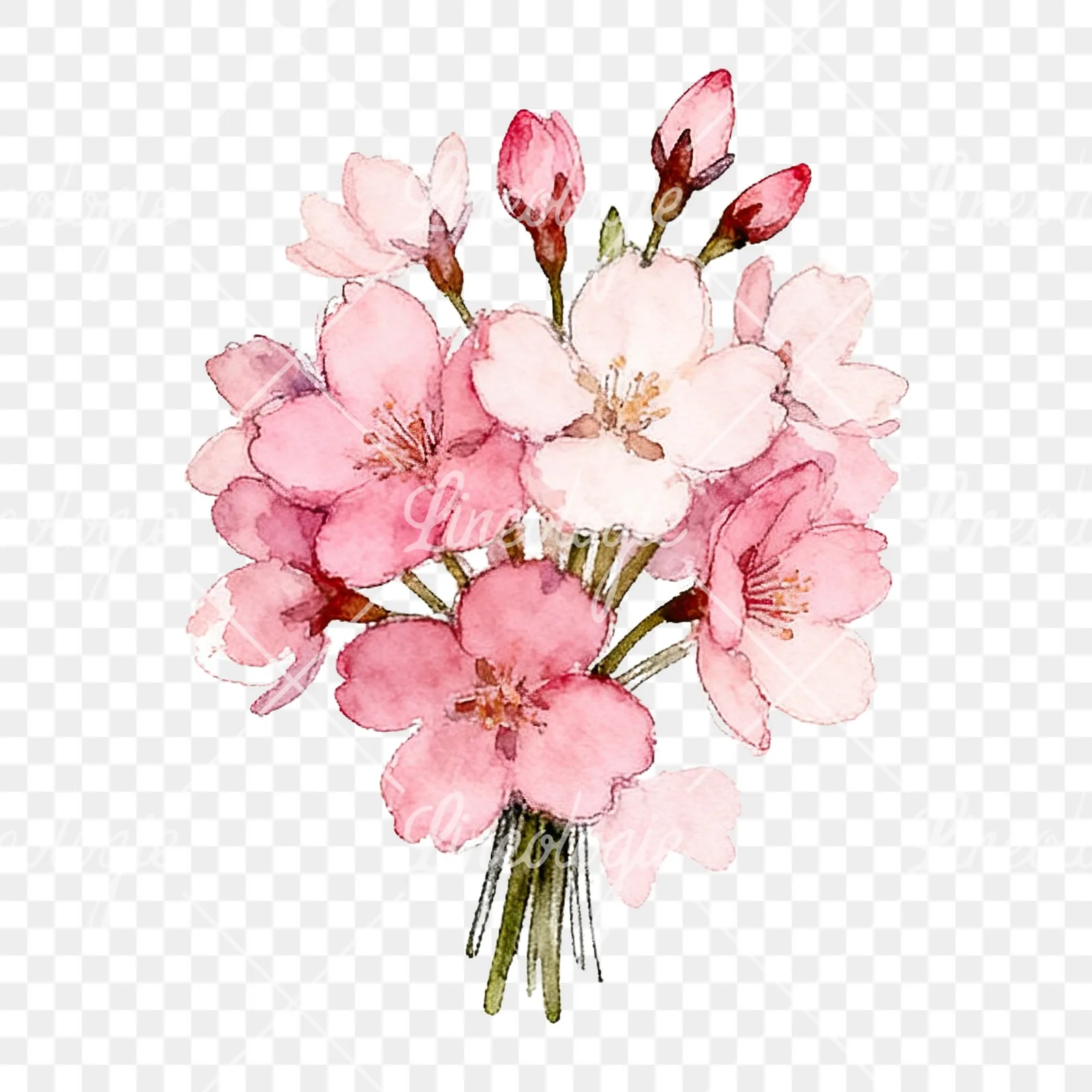 Watercolor pink cherry blossom bouquet clipart 4 of 9 on a transparent background (PNG)