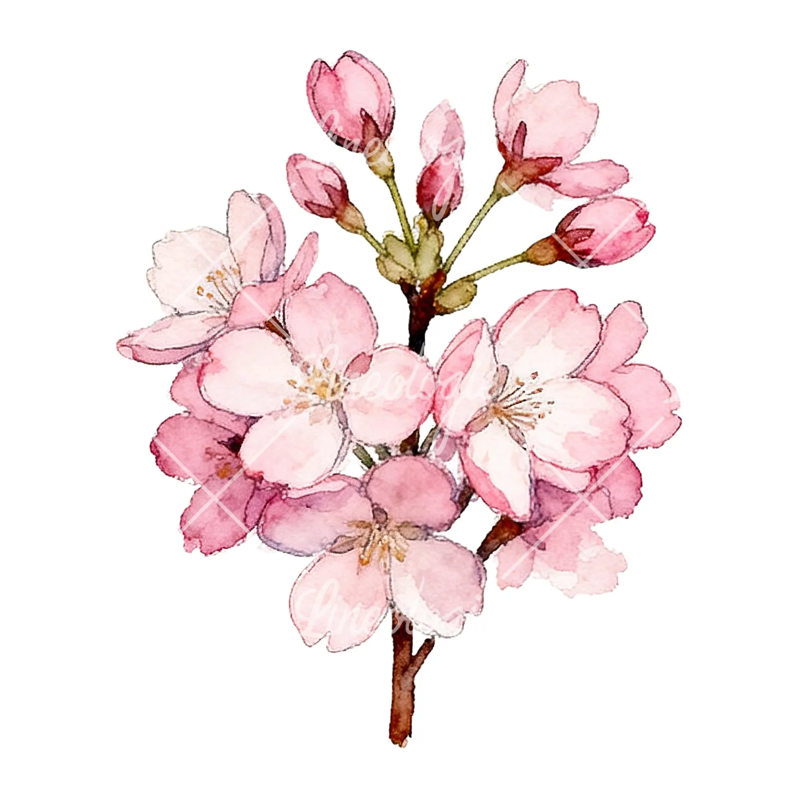 Watercolor pink cherry blossom bouquet clipart 5 of 9 on a white background (JPG)