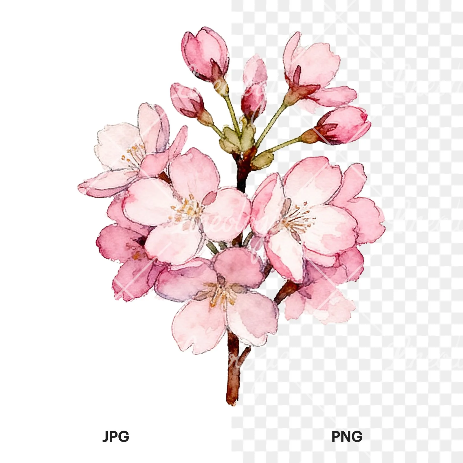 Watercolor pink cherry blossom bouquet clipart 5 of 9, as a JPG on white and a transparent PNG