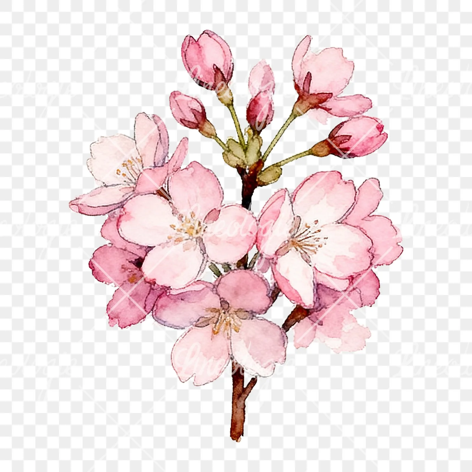 Watercolor pink cherry blossom bouquet clipart 5 of 9 on a transparent background (PNG)