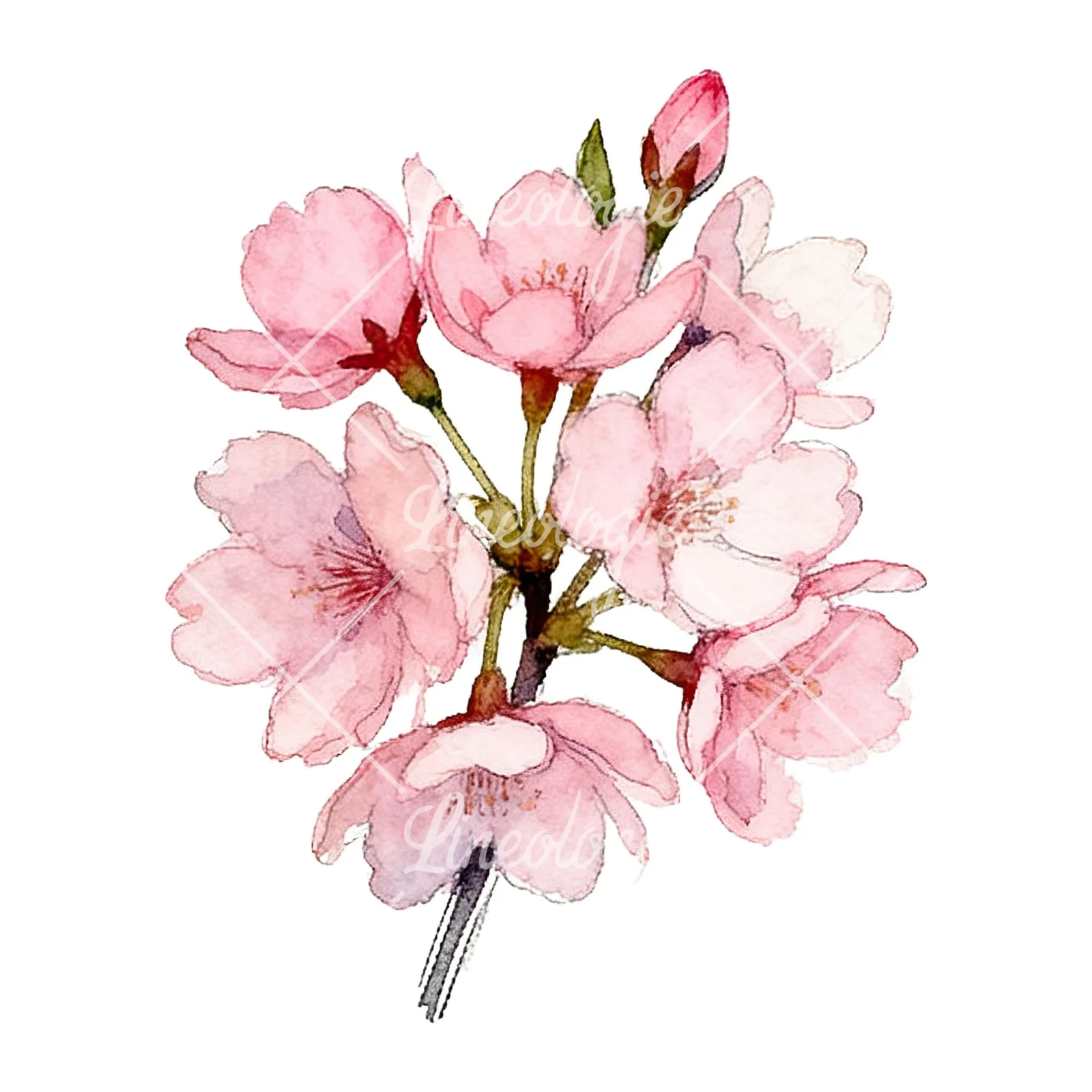 Watercolor pink cherry blossom bouquet clipart 6 of 9 on a white background (JPG)