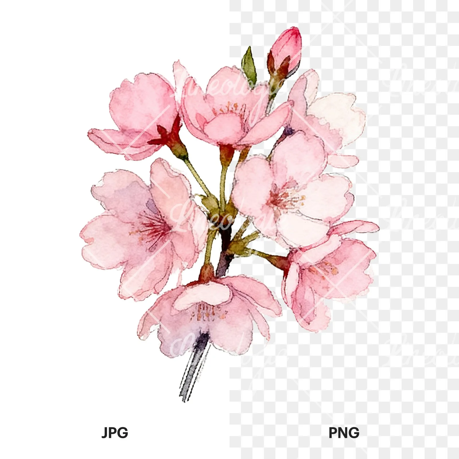 Watercolor pink cherry blossom bouquet clipart 6 of 9, as a JPG on white and a transparent PNG