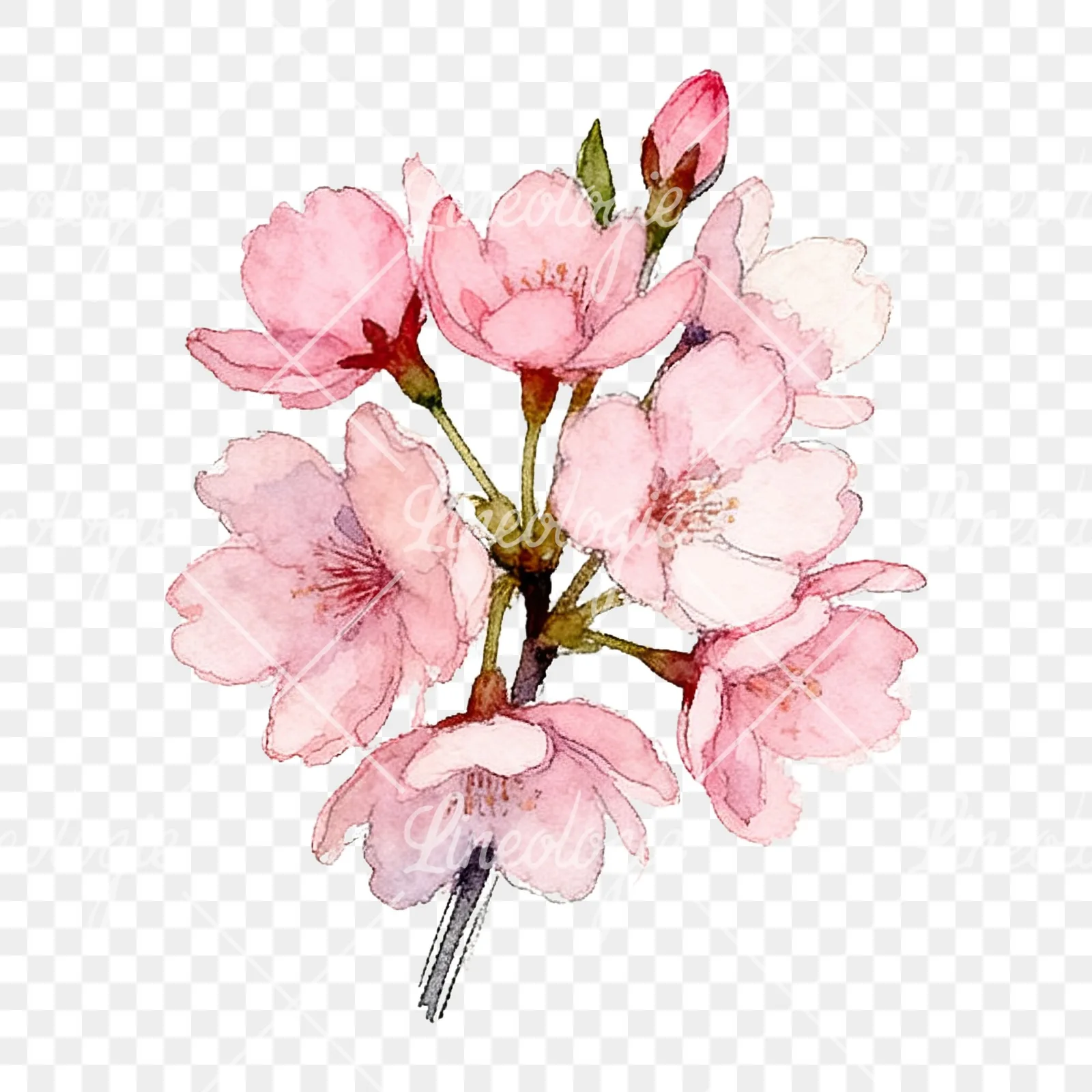 Watercolor pink cherry blossom bouquet clipart 6 of 9 on a transparent background (PNG)