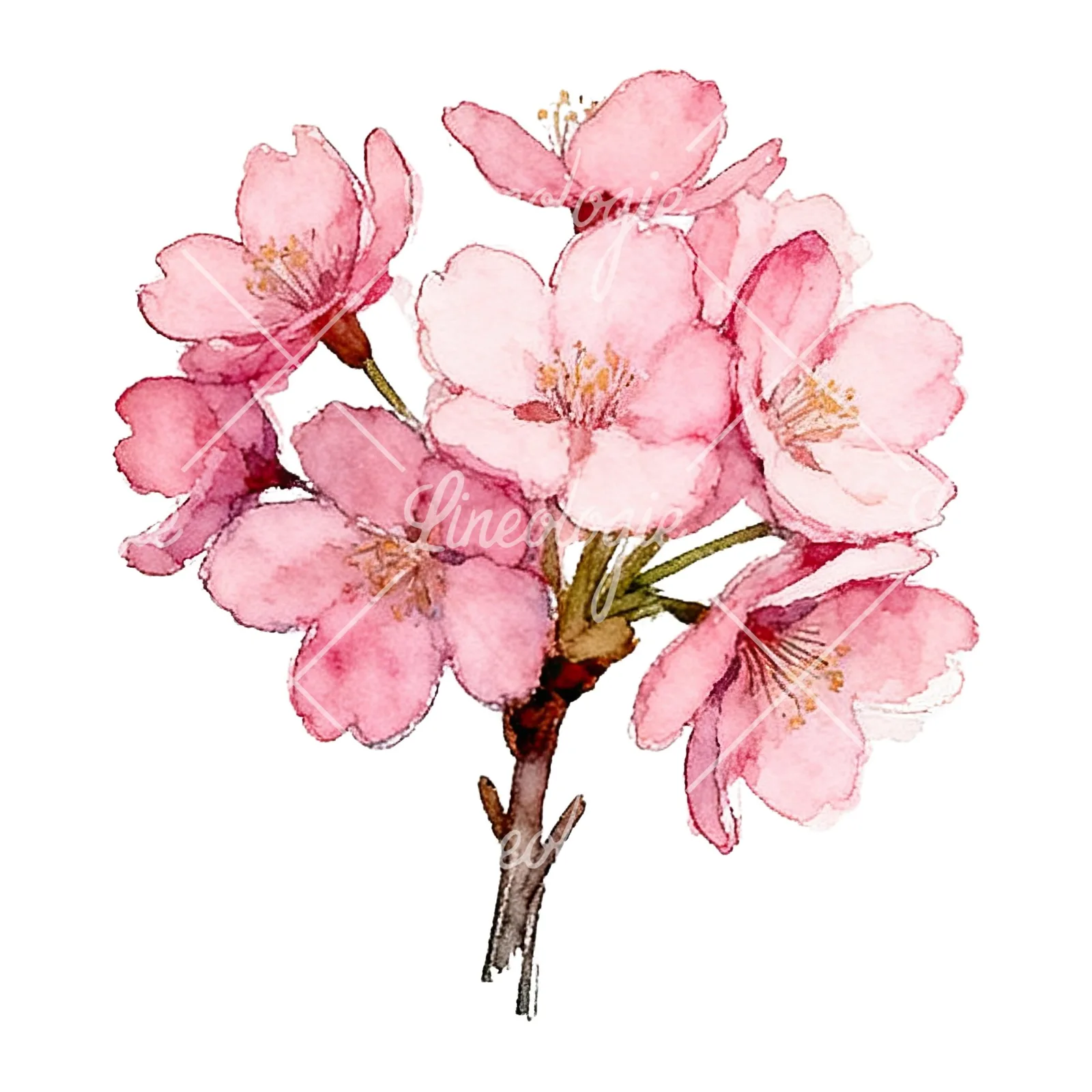 Watercolor pink cherry blossom bouquet clipart 7 of 9 on a white background (JPG)