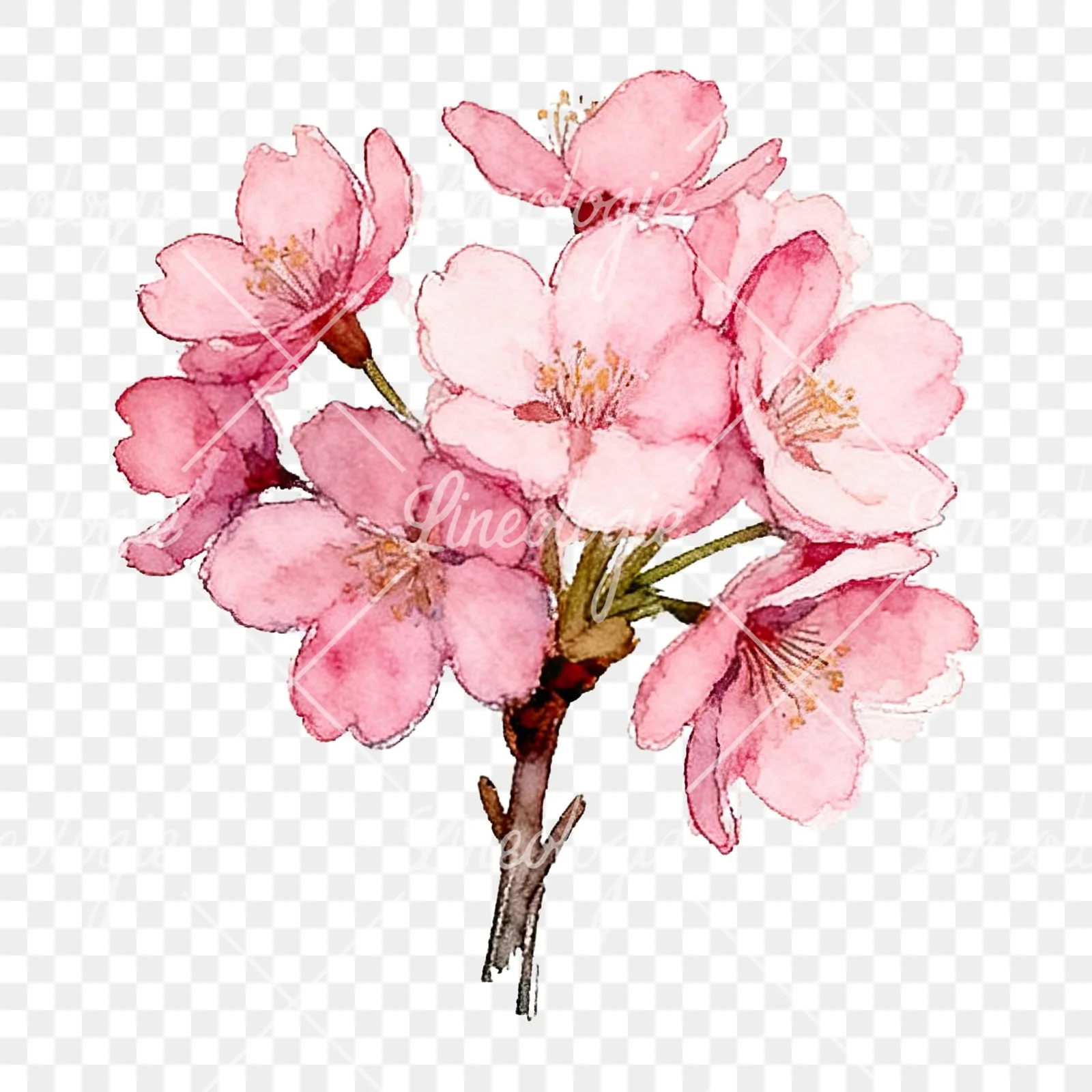 Watercolor pink cherry blossom bouquet clipart 7 of 9 on a transparent background (PNG)
