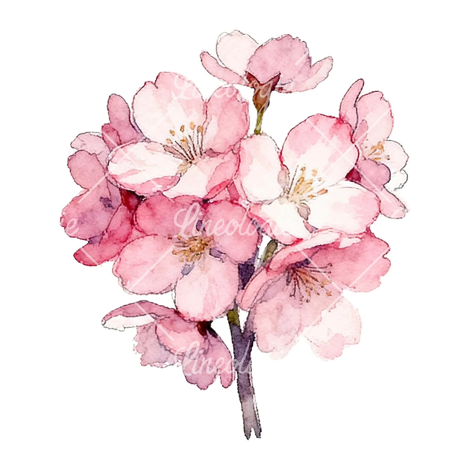 Watercolor pink cherry blossom bouquet clipart 8 of 9 on a white background (JPG)